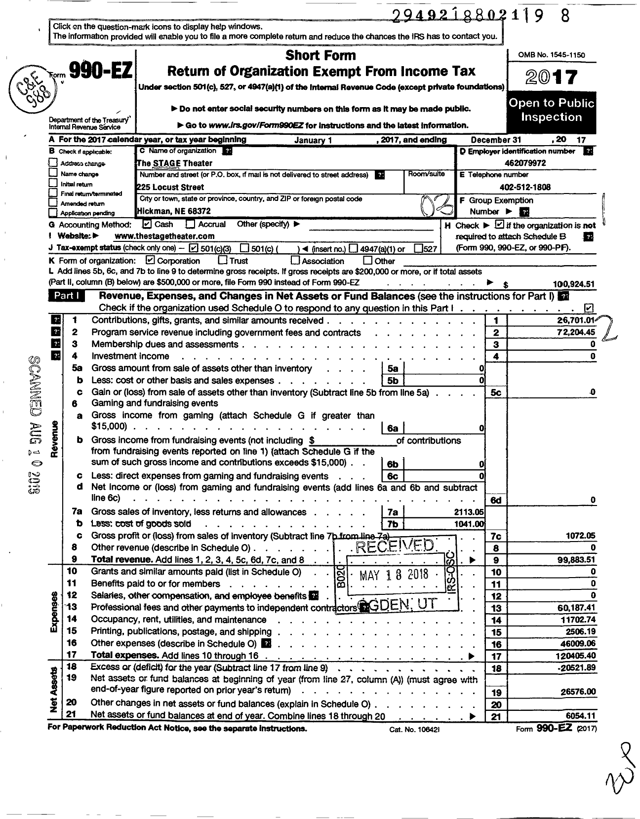 Image of first page of 2017 Form 990EZ for Stage Theater