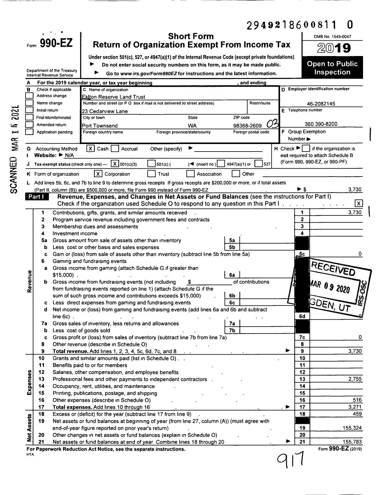 Image of first page of 2019 Form 990EZ for Elkton Reserve Land Trust