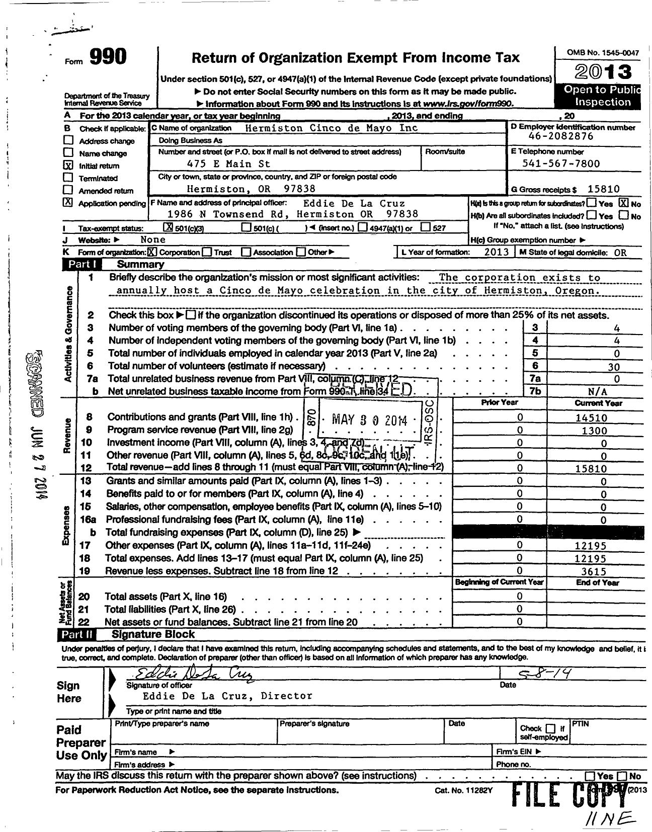 Image of first page of 2013 Form 990 for Hermiston Cinco de Mayo