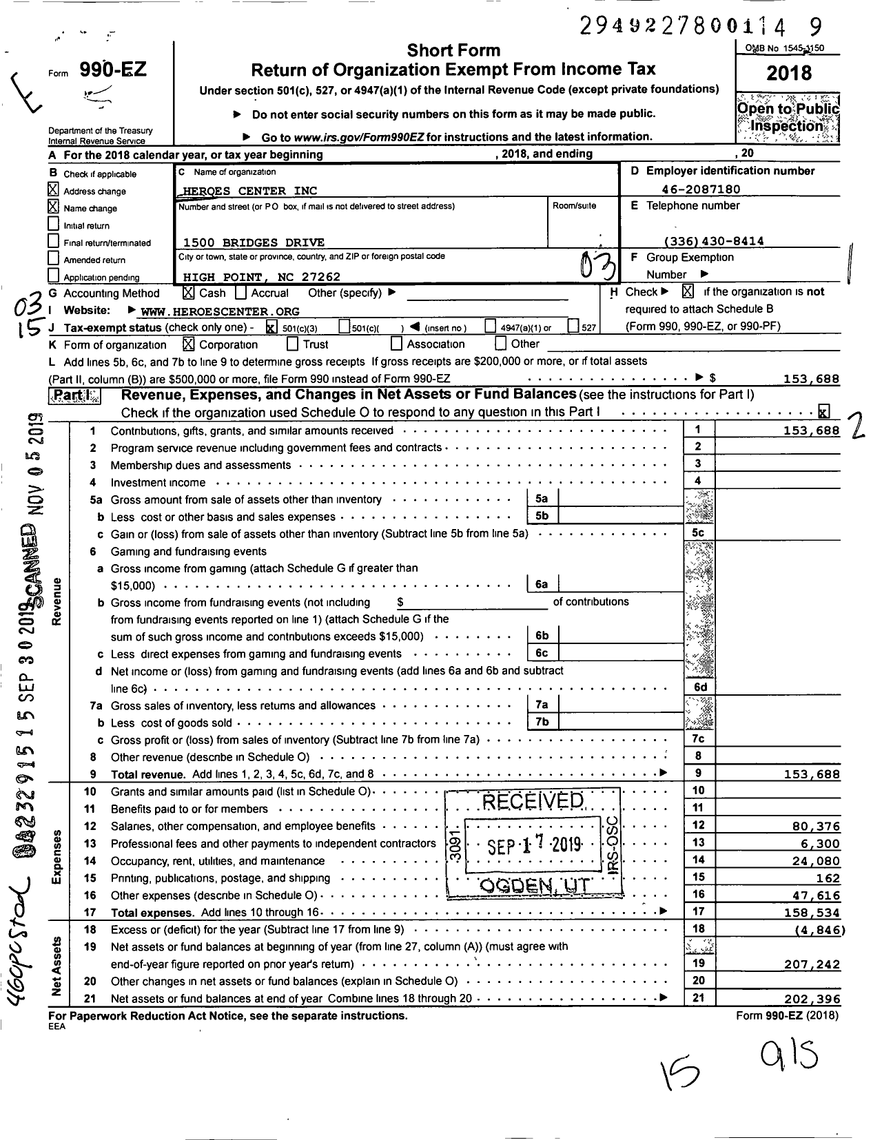 Image of first page of 2018 Form 990EZ for Heroes Center