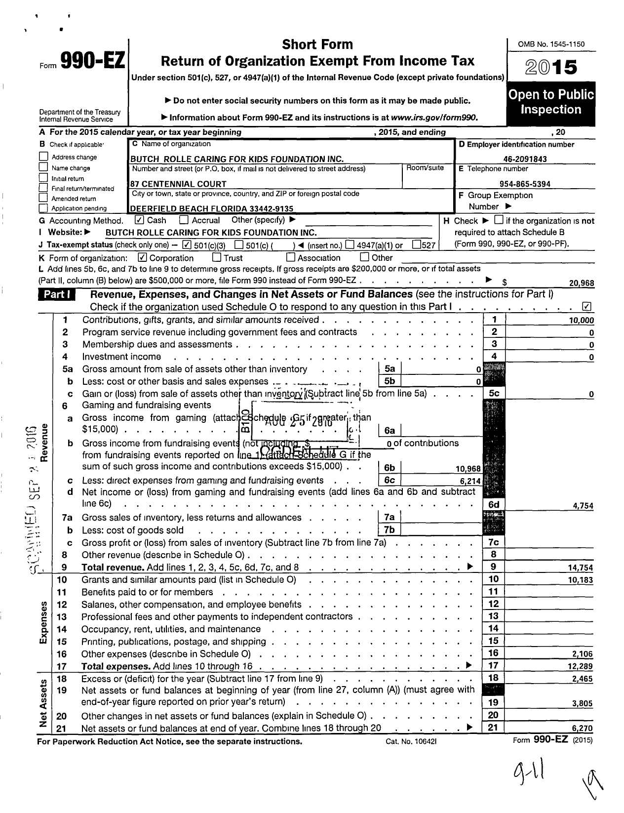 Image of first page of 2015 Form 990EZ for Butch Rolle Caring for Kids Foundation