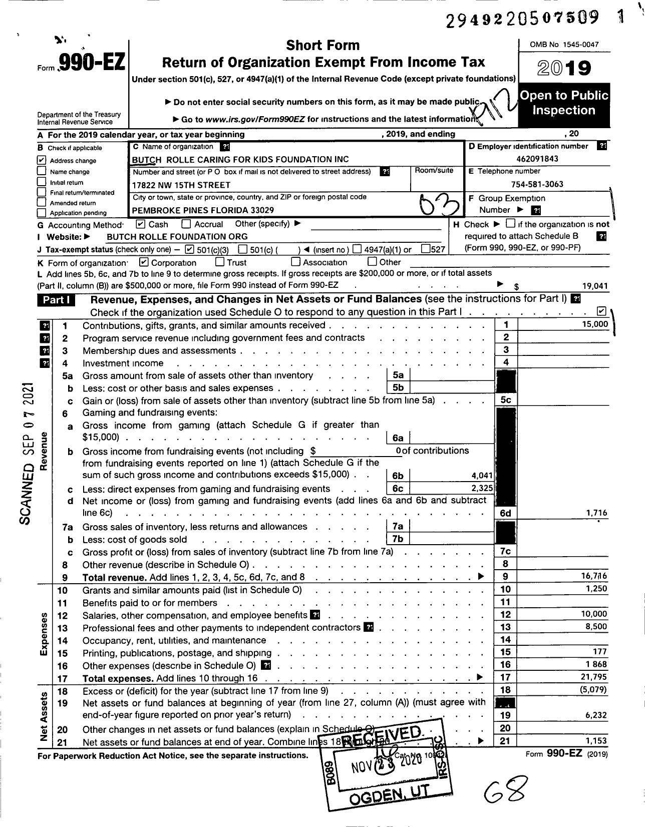 Image of first page of 2019 Form 990EZ for Butch Rolle Caring for Kids Foundation