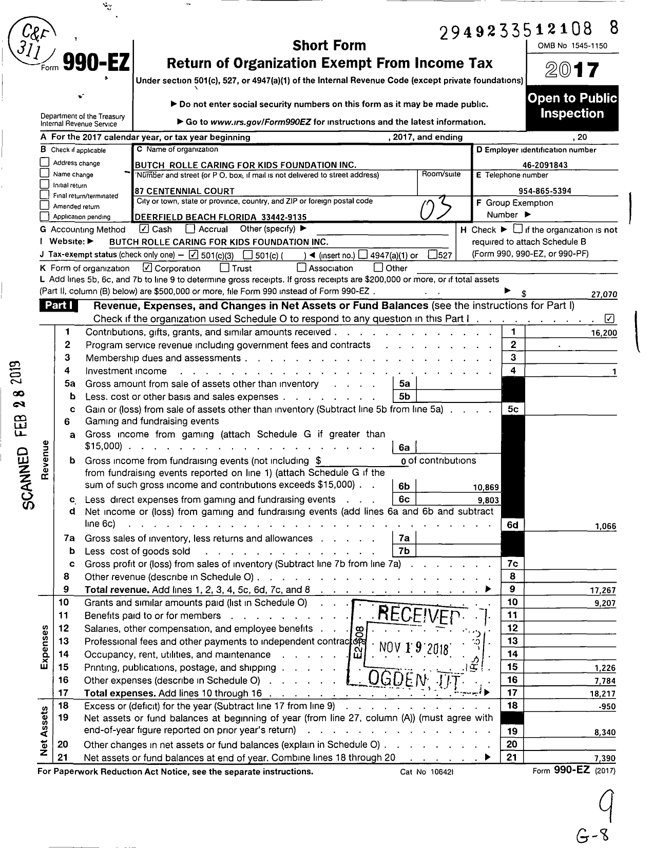 Image of first page of 2017 Form 990EZ for Butch Rolle Caring for Kids Foundation