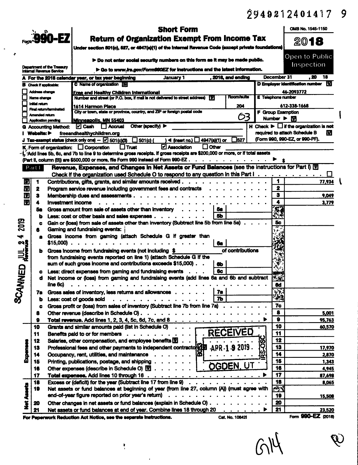 Image of first page of 2018 Form 990EZ for Free and Healthy Children International (FHCI)