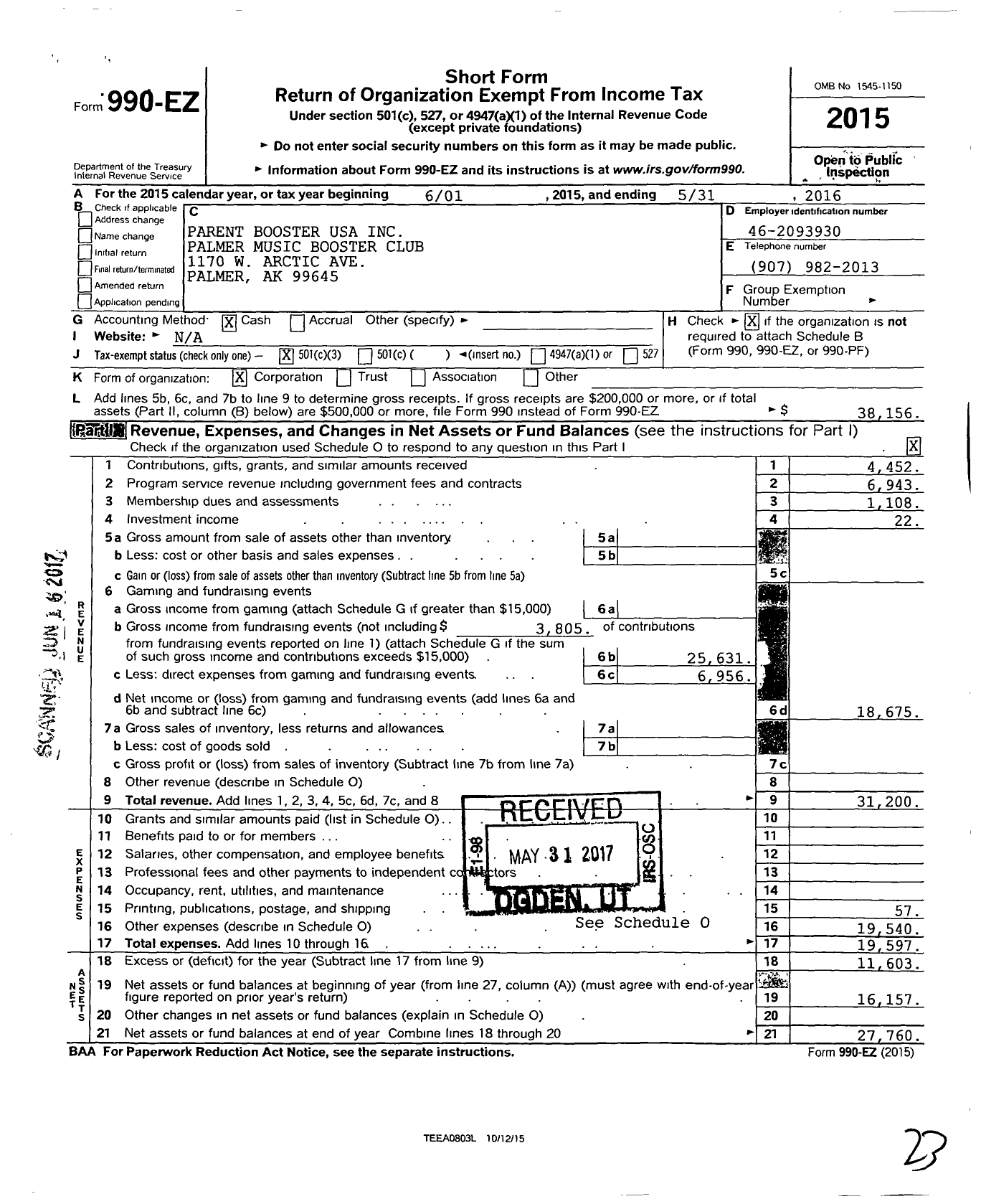 Image of first page of 2015 Form 990EZ for Parent Booster USA / Palmer Music Booster Club