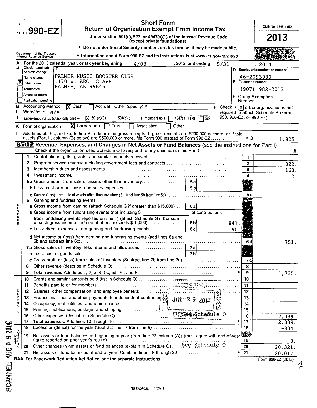 Image of first page of 2013 Form 990EZ for Parent Booster USA / Palmer Music Booster Club