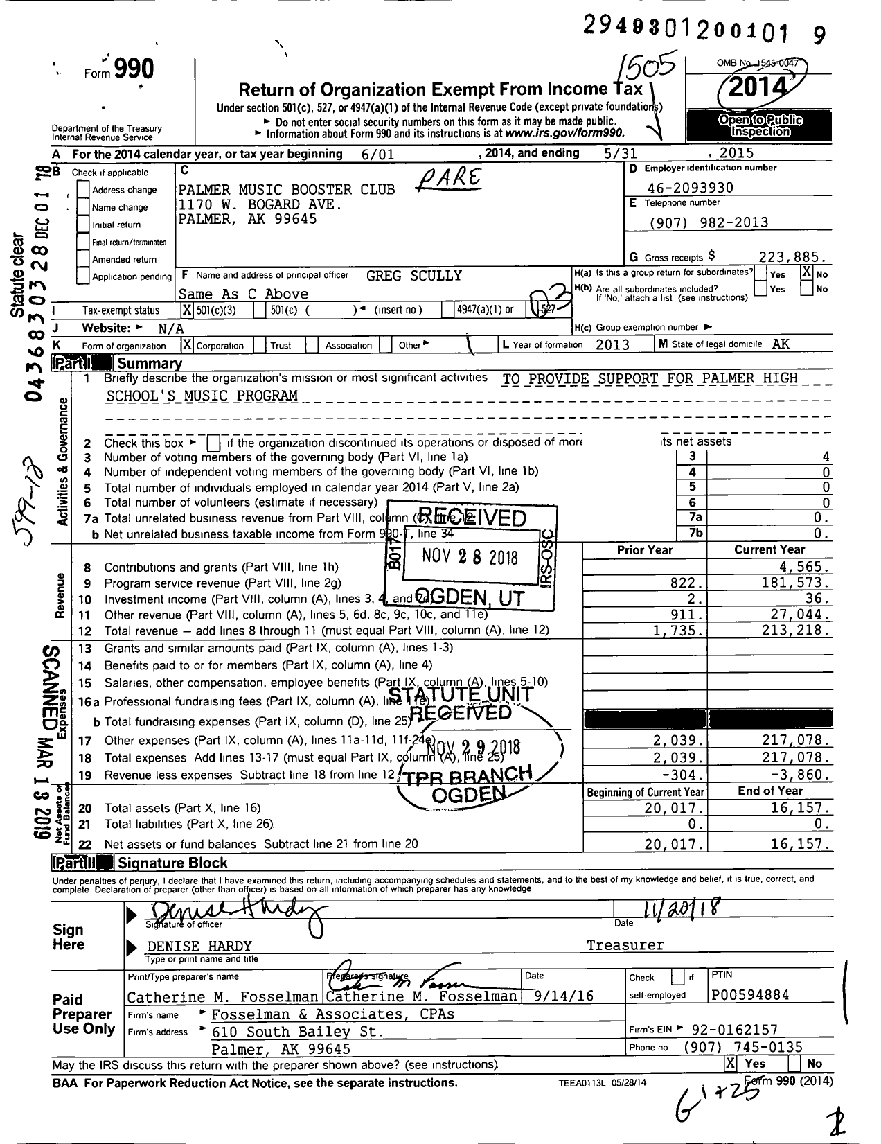 Image of first page of 2014 Form 990 for Parent Booster USA / Palmer Music Booster Club