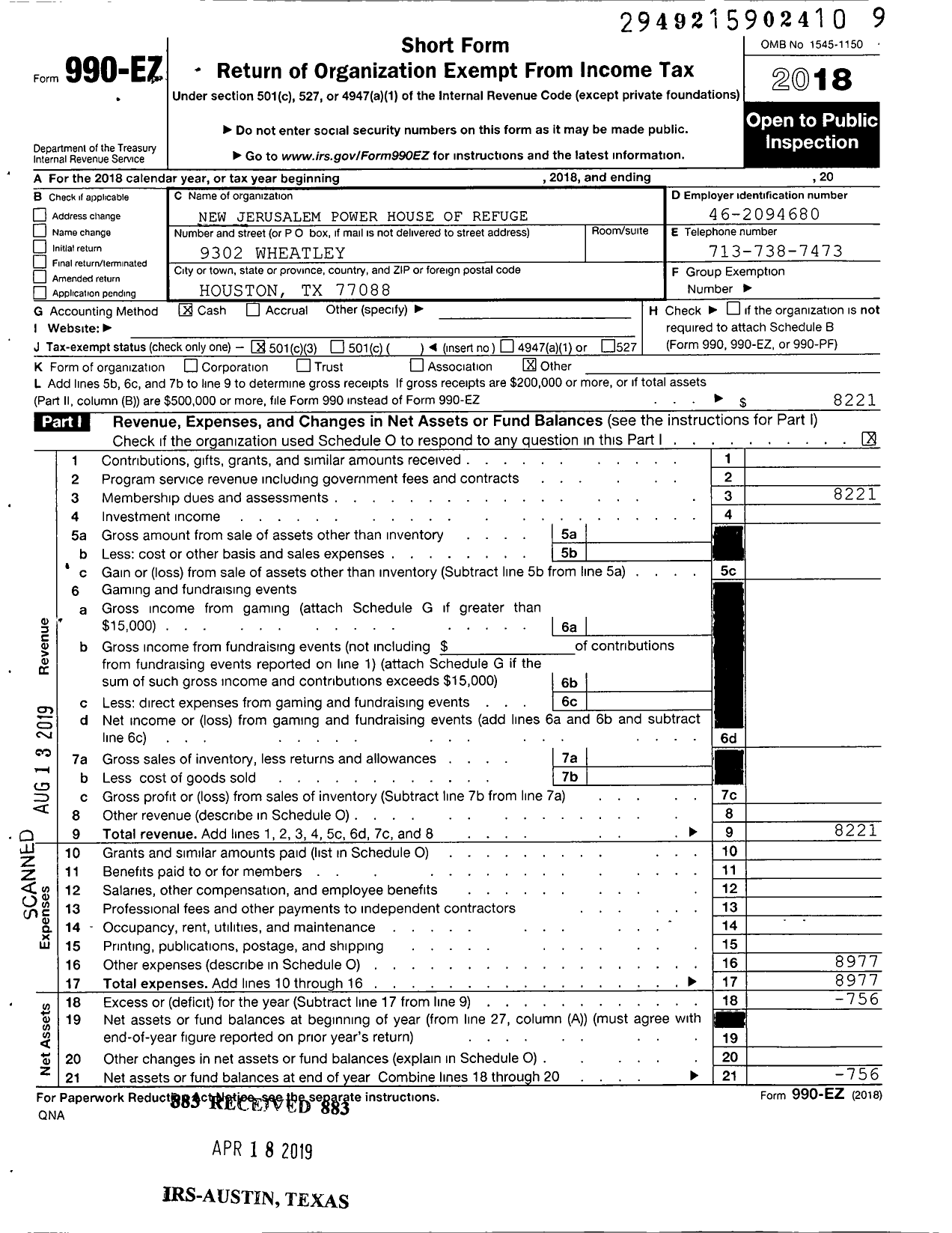 Image of first page of 2018 Form 990EZ for New Jerusalem Power House of Refuge