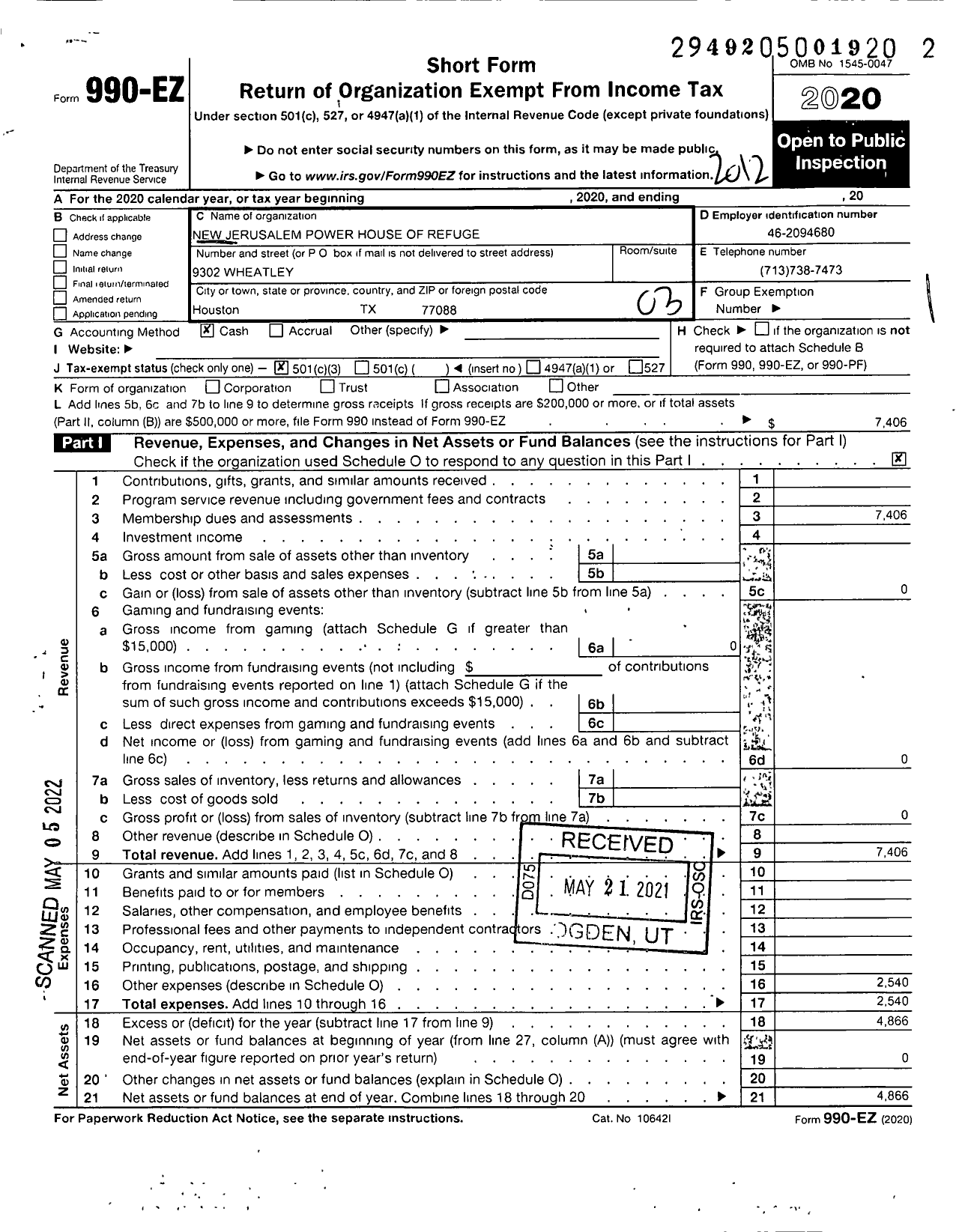 Image of first page of 2020 Form 990EZ for New Jerusalem Power House of Refuge