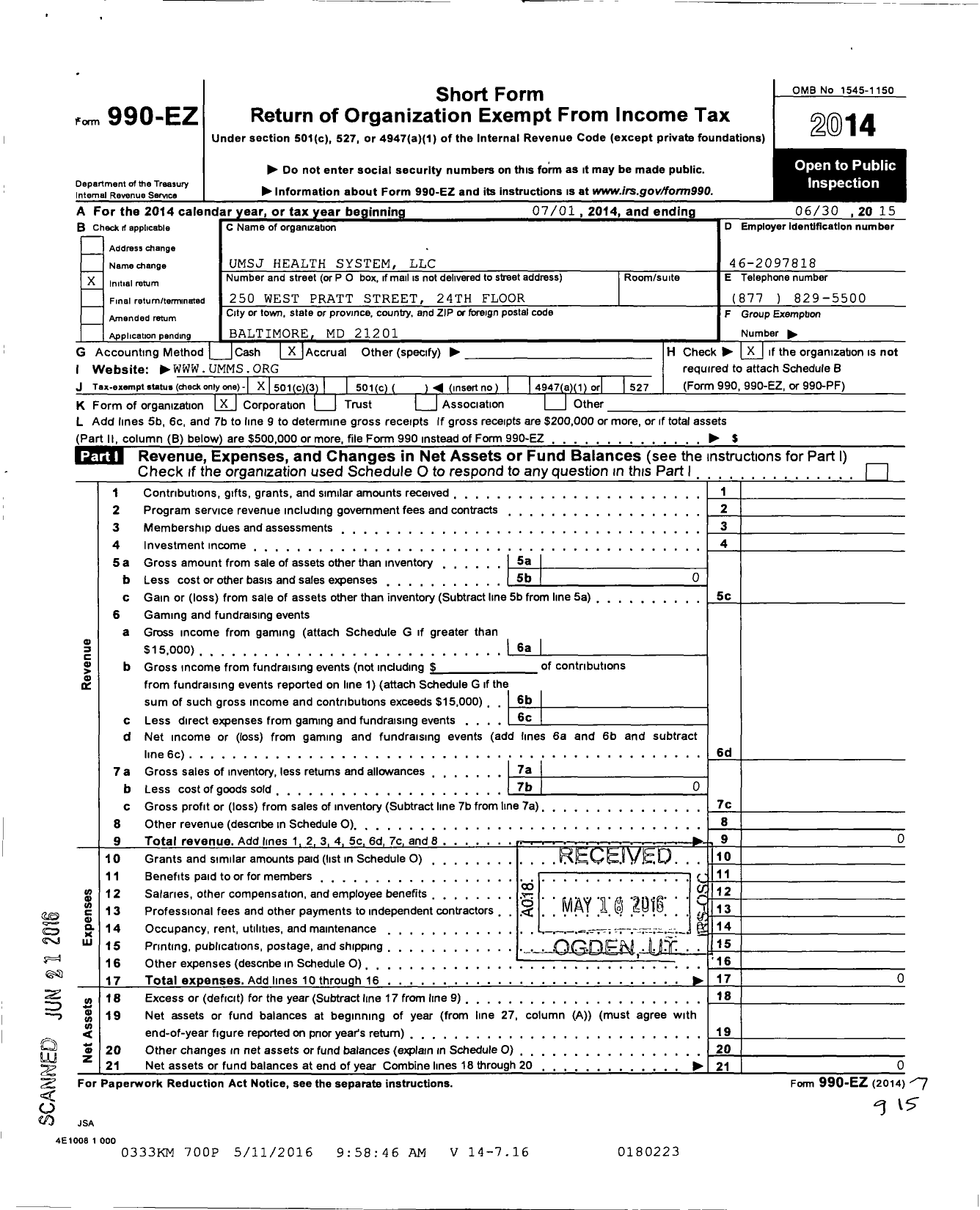 Image of first page of 2014 Form 990EZ for University of Maryland St Joseph Medical Center