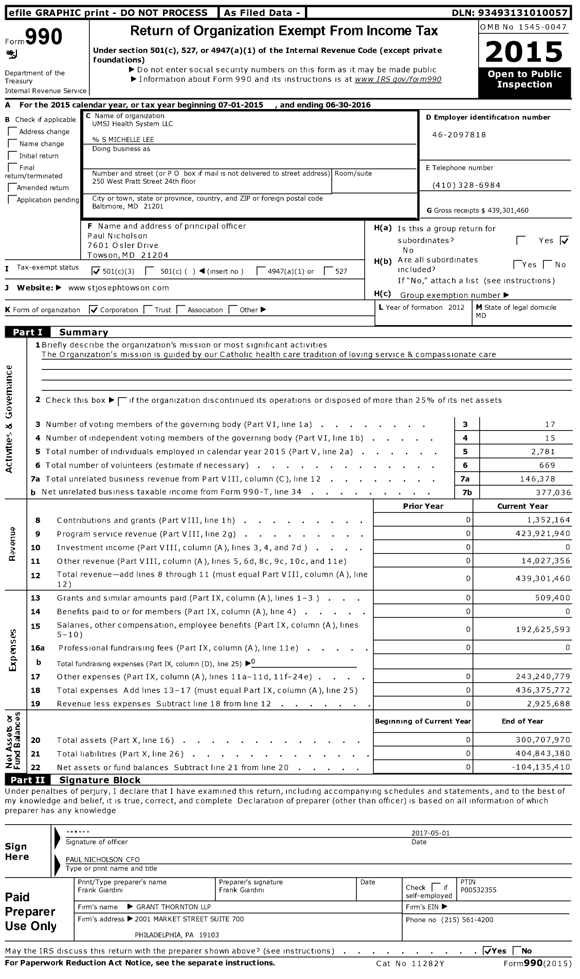 Image of first page of 2015 Form 990 for University of Maryland St Joseph Medical Center