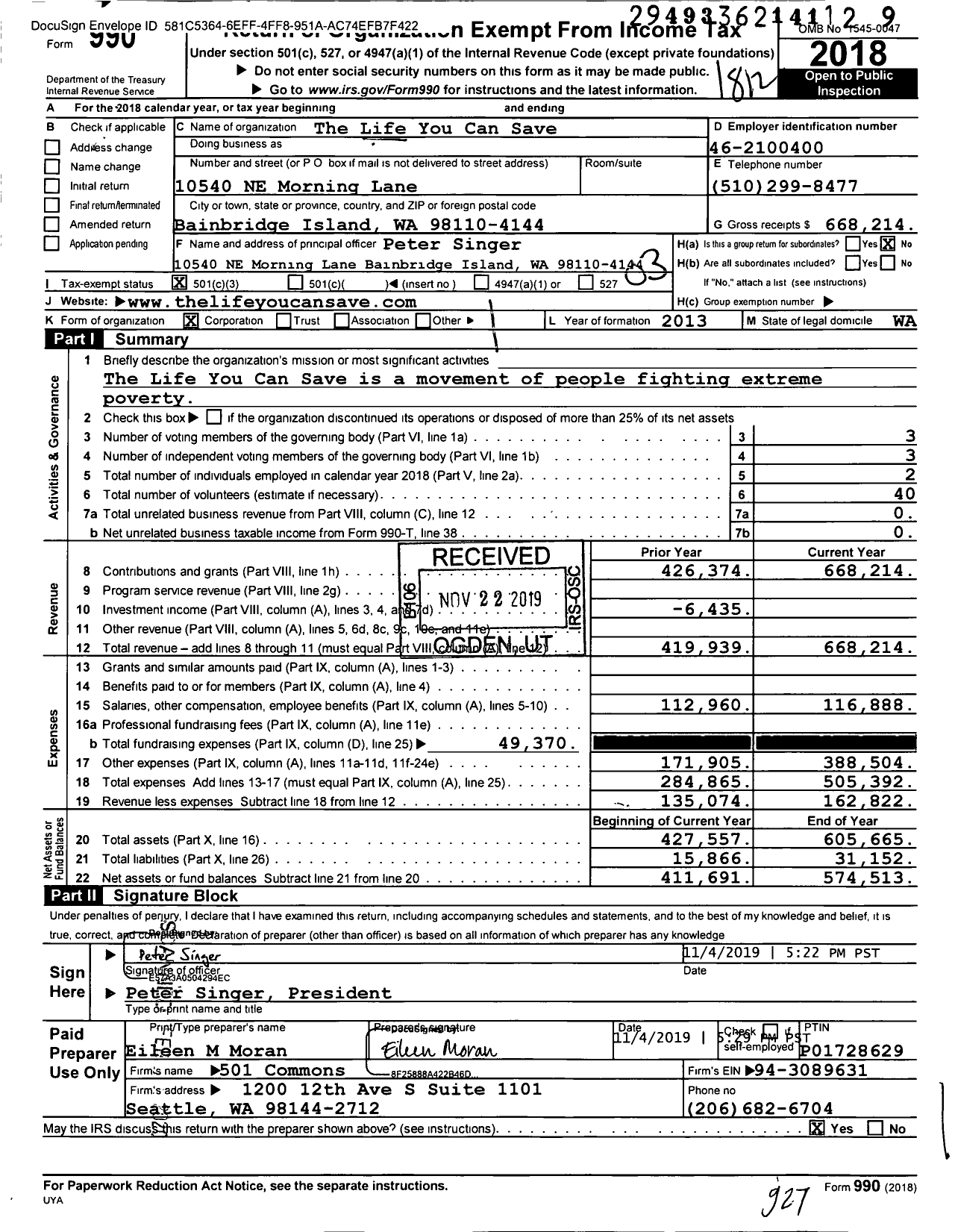Image of first page of 2018 Form 990 for The Life You Can Save