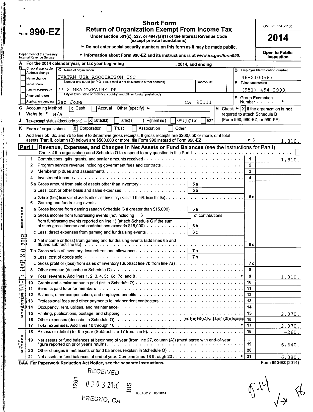 Image of first page of 2014 Form 990EZ for Ivatan USA Asociation