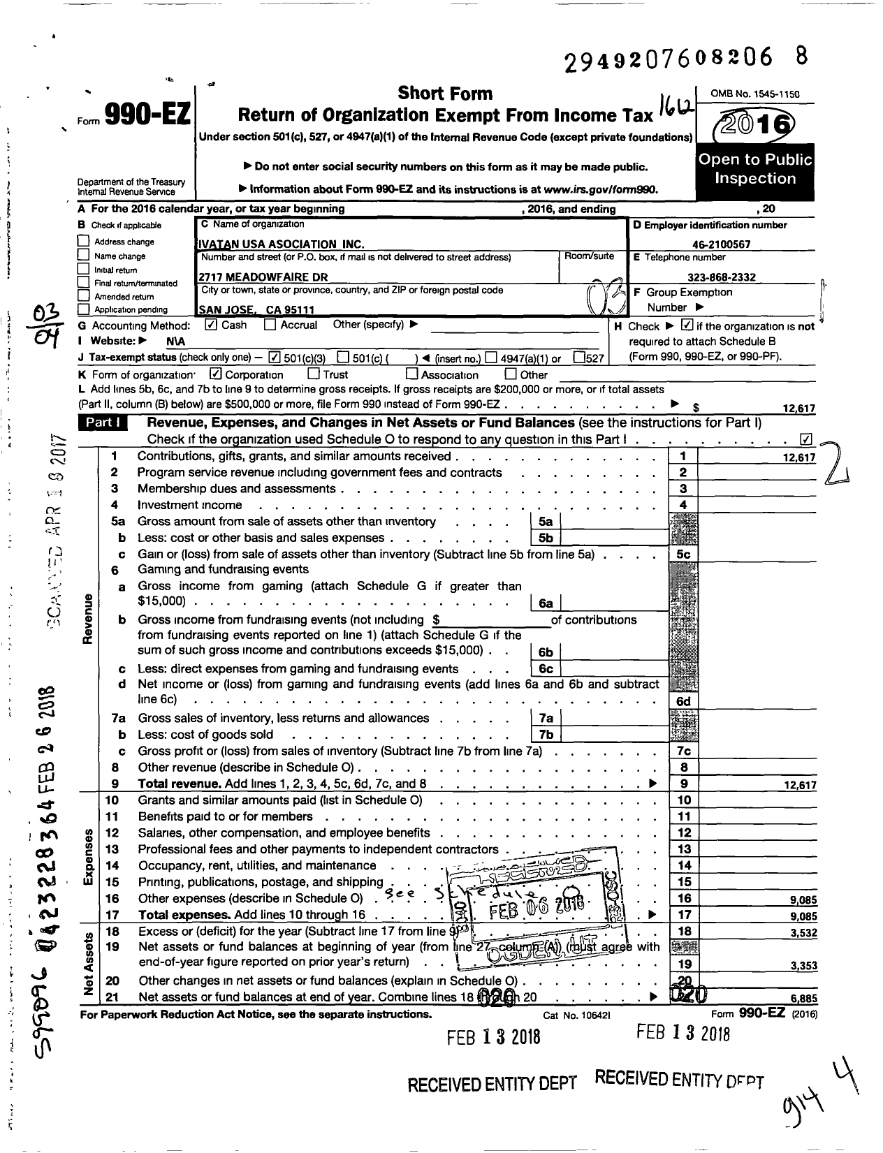 Image of first page of 2016 Form 990EZ for Ivatan USA Asociation