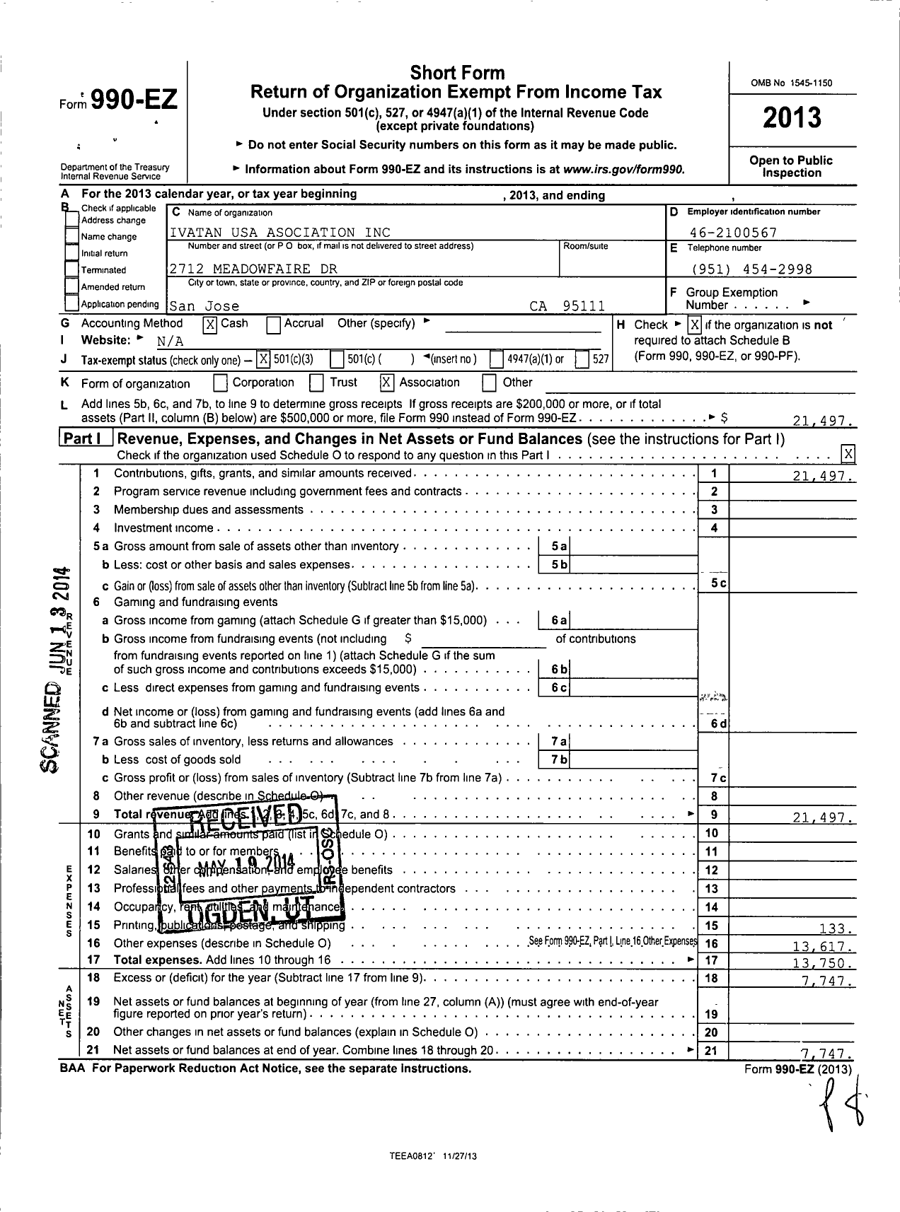 Image of first page of 2013 Form 990EZ for Ivatan USA Asociation