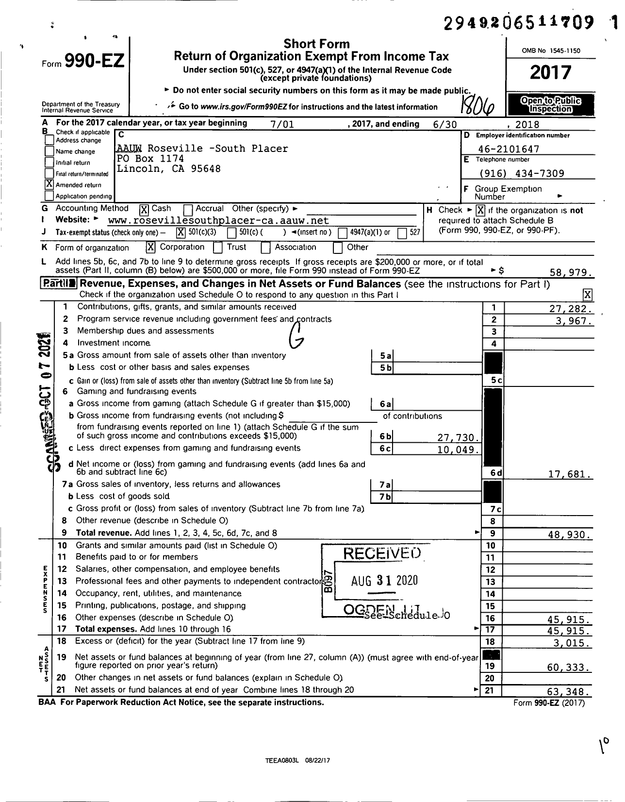 Image of first page of 2017 Form 990EZ for AAUW Roseville-South Placer
