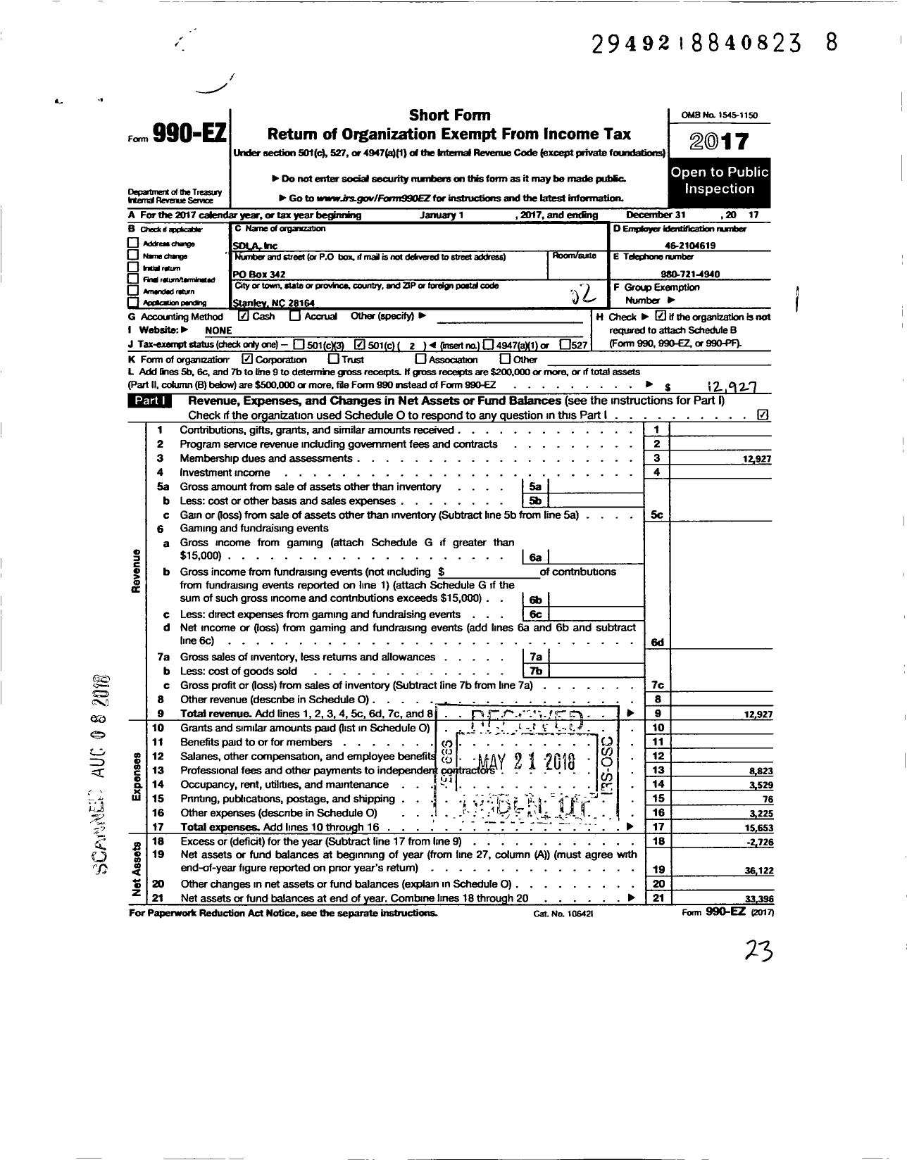 Image of first page of 2017 Form 990EO for Sdla