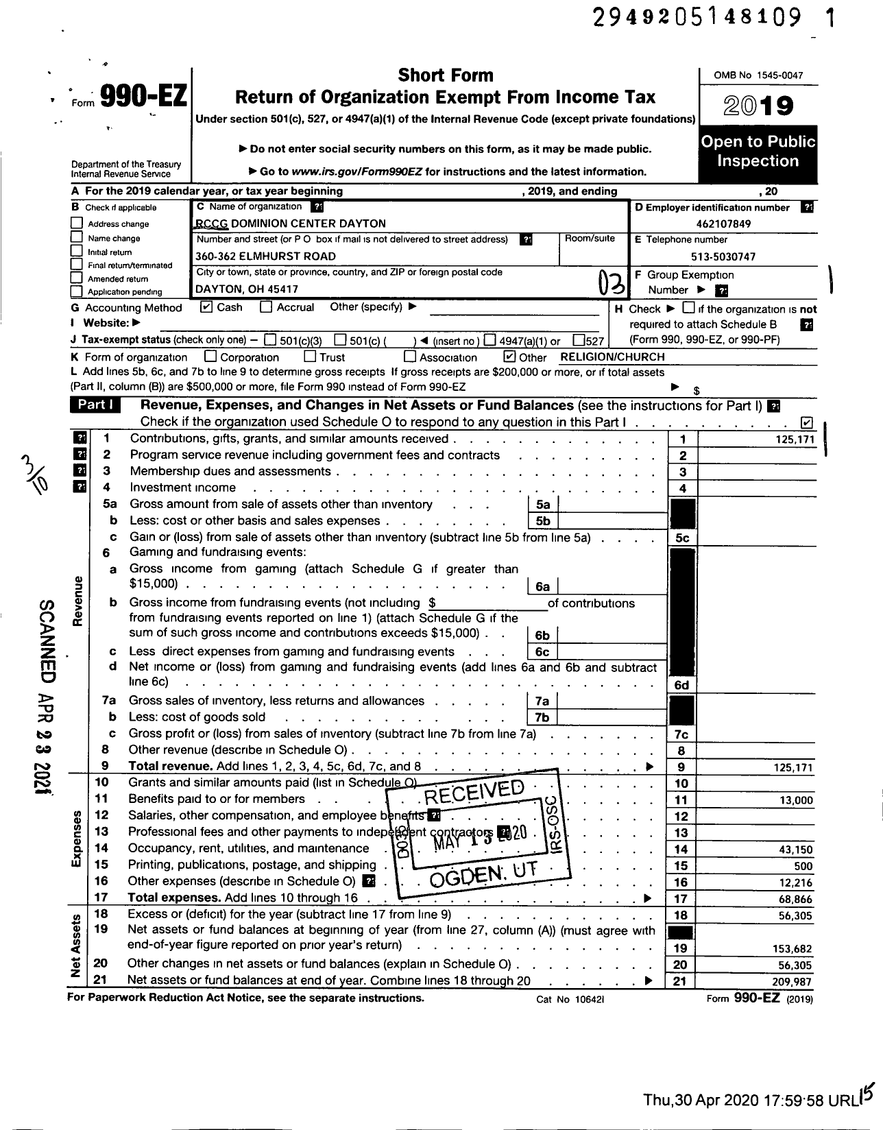 Image of first page of 2019 Form 990EZ for RCCG Dominion Center Dayton