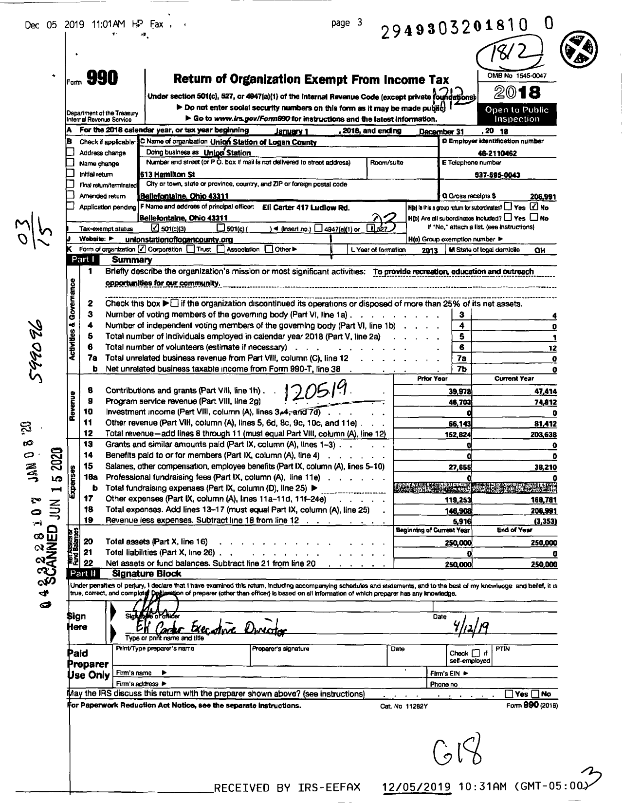 Image of first page of 2018 Form 990 for Union Station