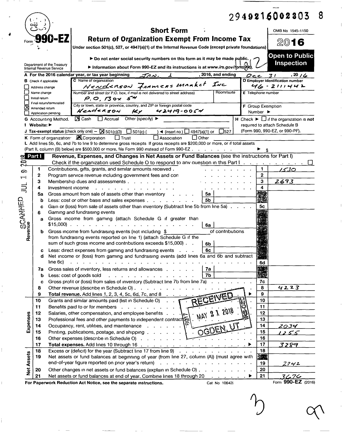 Image of first page of 2016 Form 990EZ for Henderson Farmers Market Incorporated