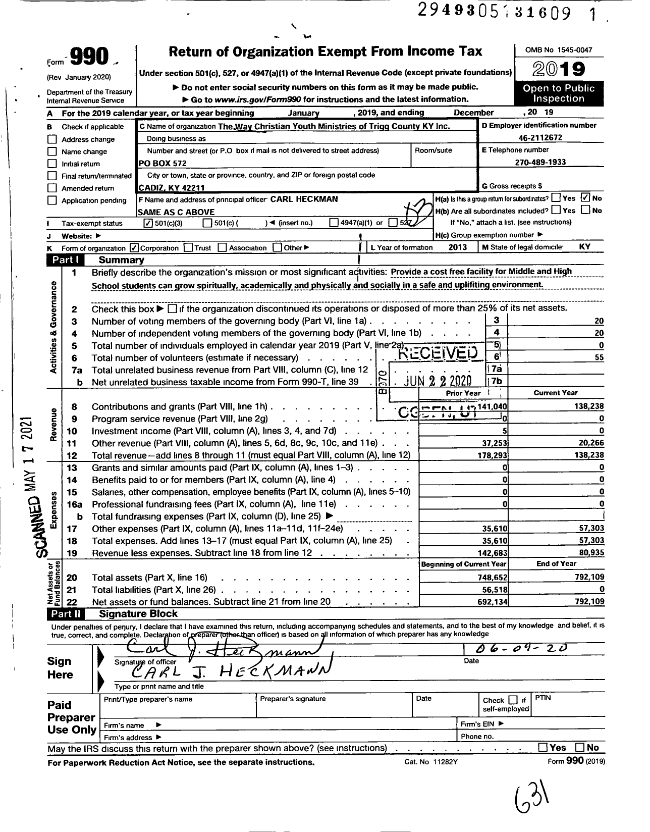 Image of first page of 2019 Form 990 for The Way Christian Youth Ministries of Trigg County Ky