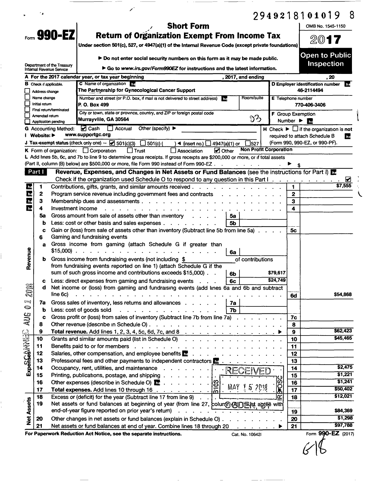 Image of first page of 2017 Form 990EZ for Partnership for Gynecological Cancer Support