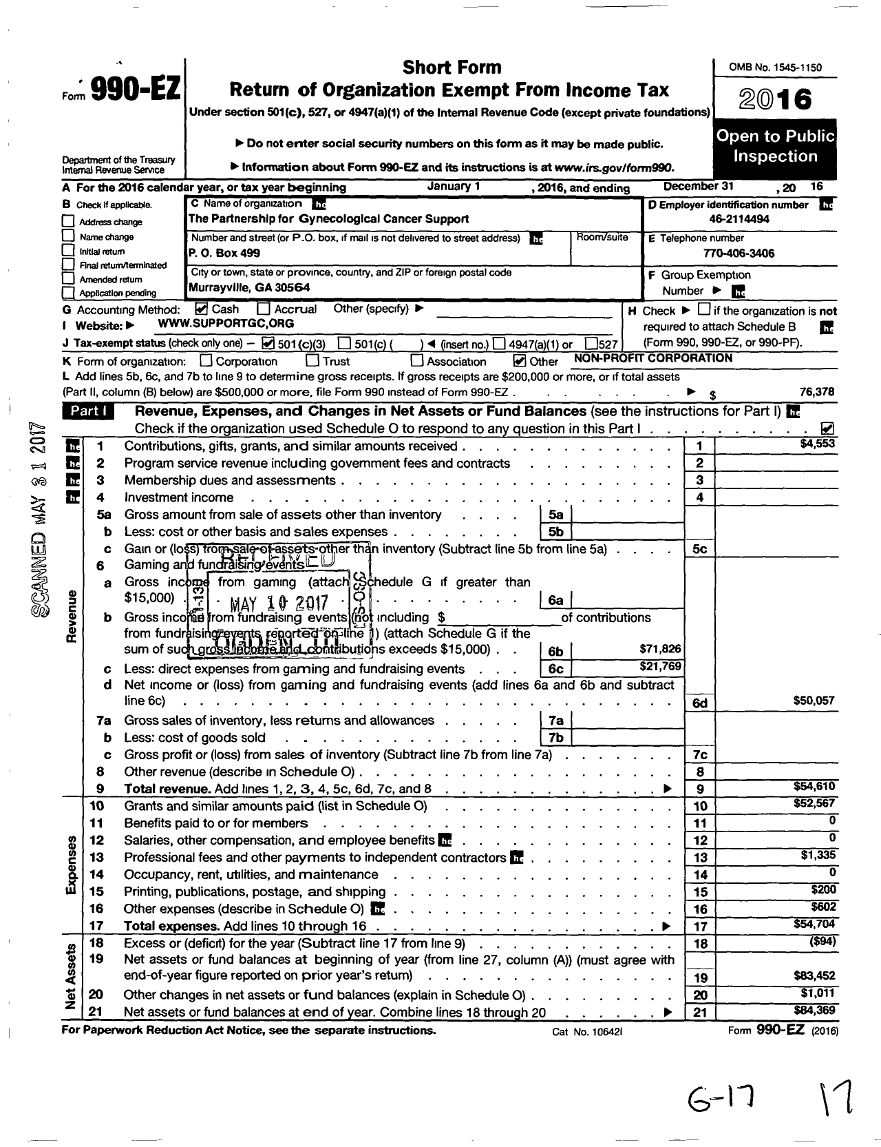 Image of first page of 2016 Form 990EZ for Partnership for Gynecological Cancer Support