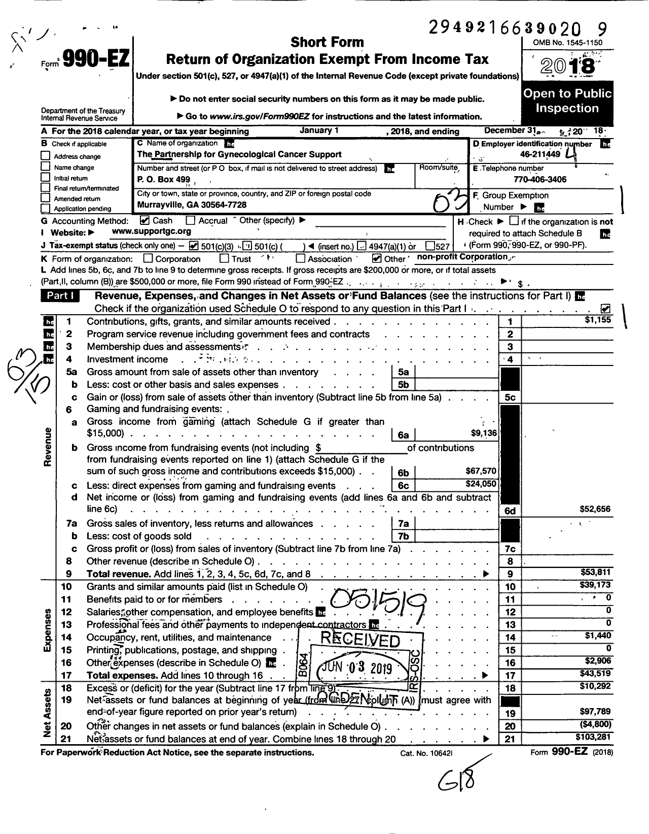 Image of first page of 2018 Form 990EZ for Partnership for Gynecological Cancer Support