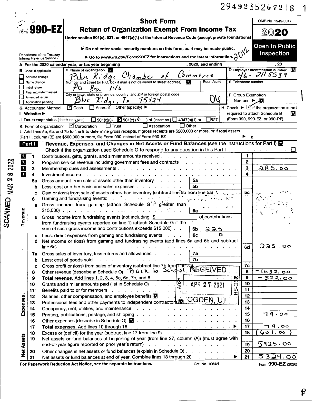 Image of first page of 2020 Form 990EO for Blue Ridge Chamber of Commerce