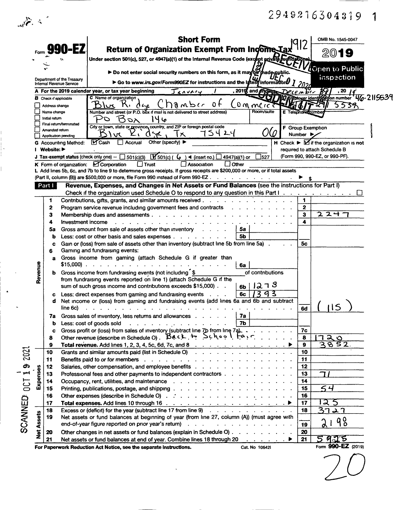 Image of first page of 2019 Form 990EO for Blue Ridge Chamber of Commerce