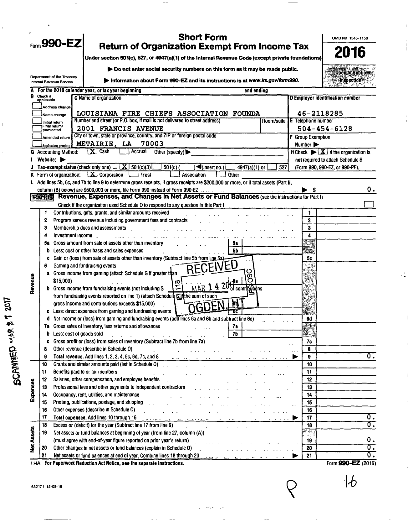 Image of first page of 2016 Form 990EZ for Louisiana Fire Chiefs Association Foundation