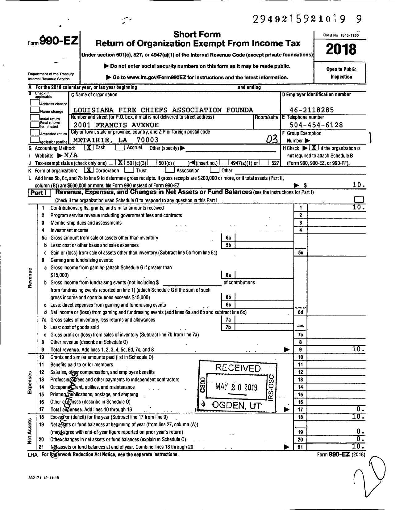 Image of first page of 2018 Form 990EZ for Louisiana Fire Chiefs Association Foundation