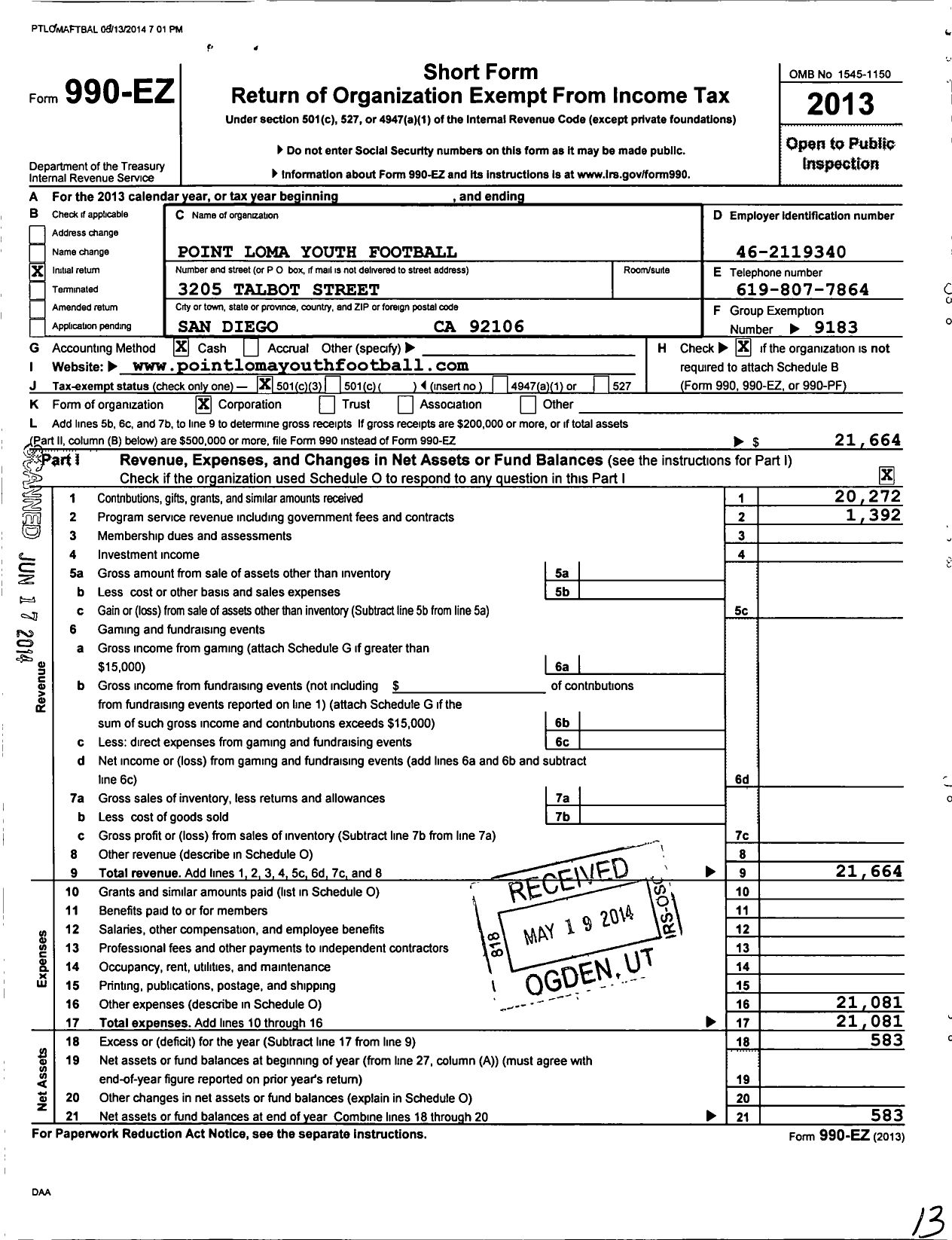 Image of first page of 2013 Form 990EZ for Point Loma Youth Football