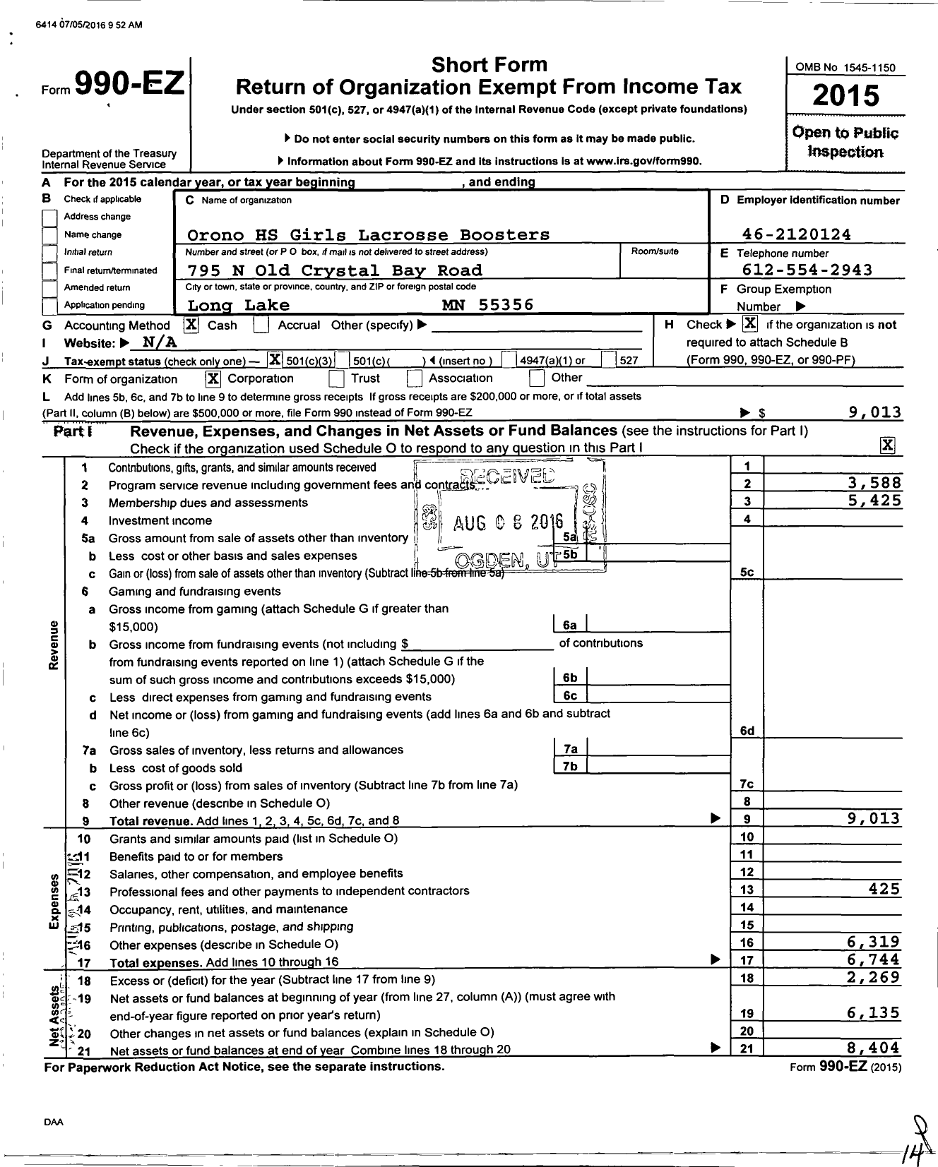 Image of first page of 2015 Form 990EZ for Orono HS Girls Lacrosse Boosters