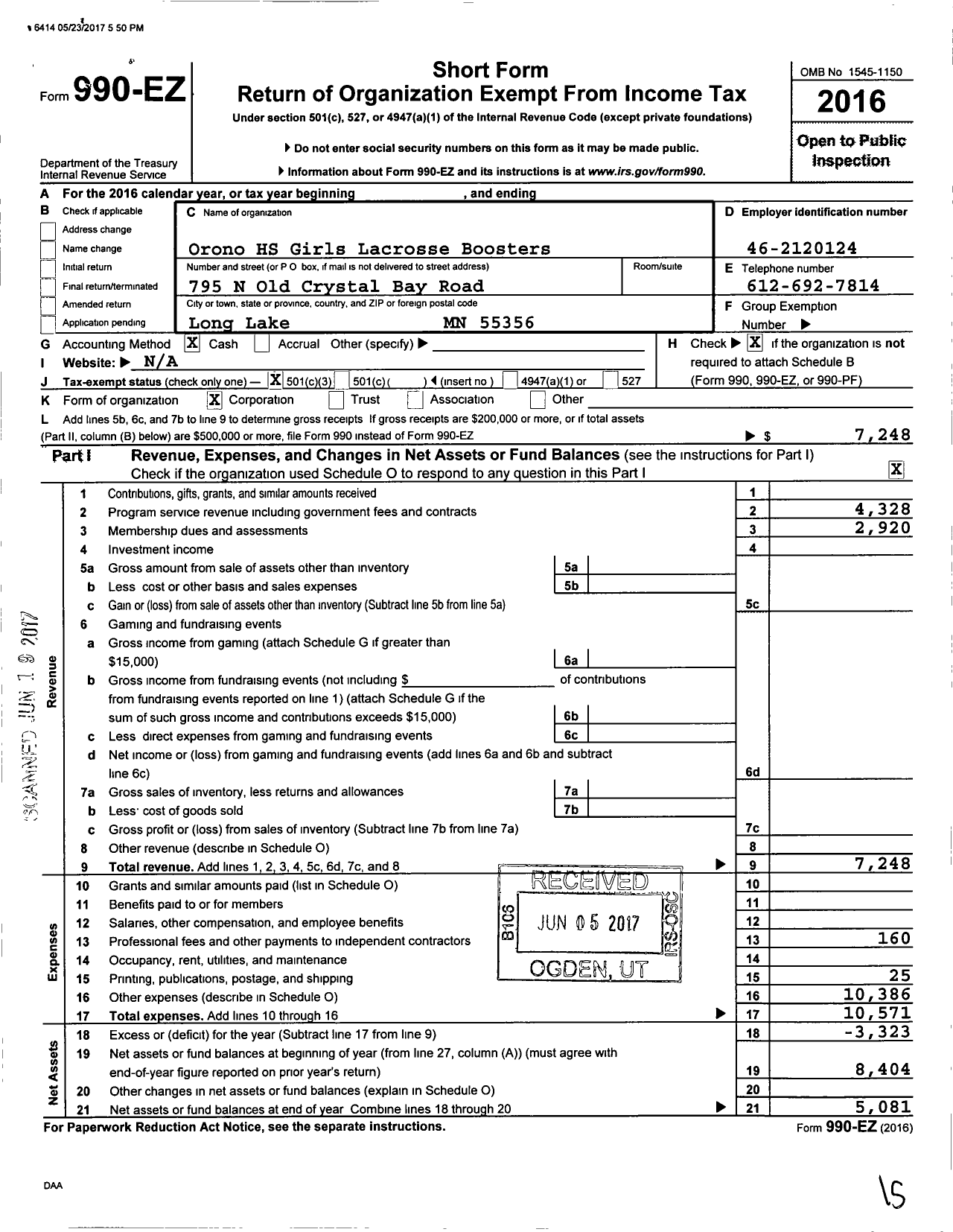 Image of first page of 2016 Form 990EZ for Orono HS Girls Lacrosse Boosters