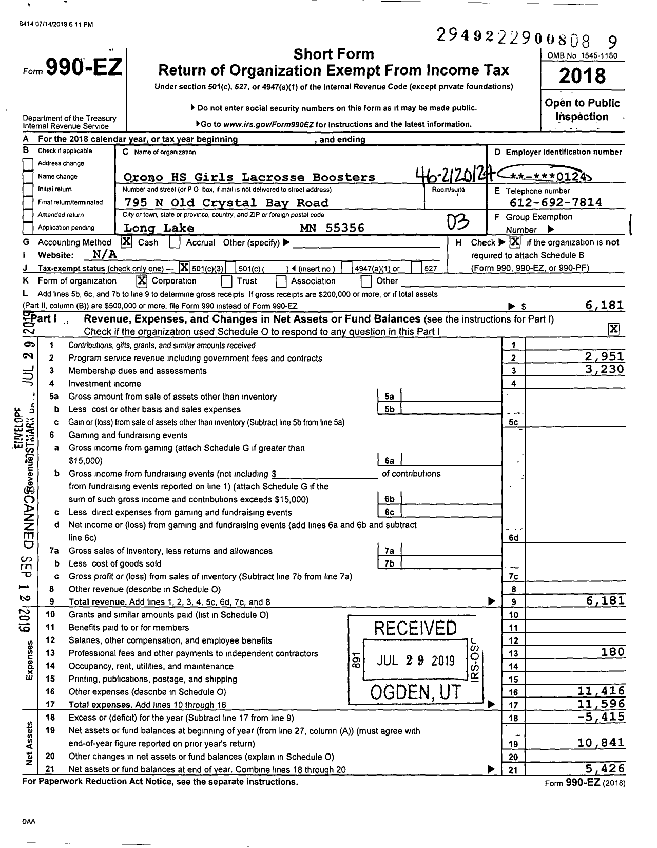 Image of first page of 2018 Form 990EZ for Orono HS Girls Lacrosse Boosters