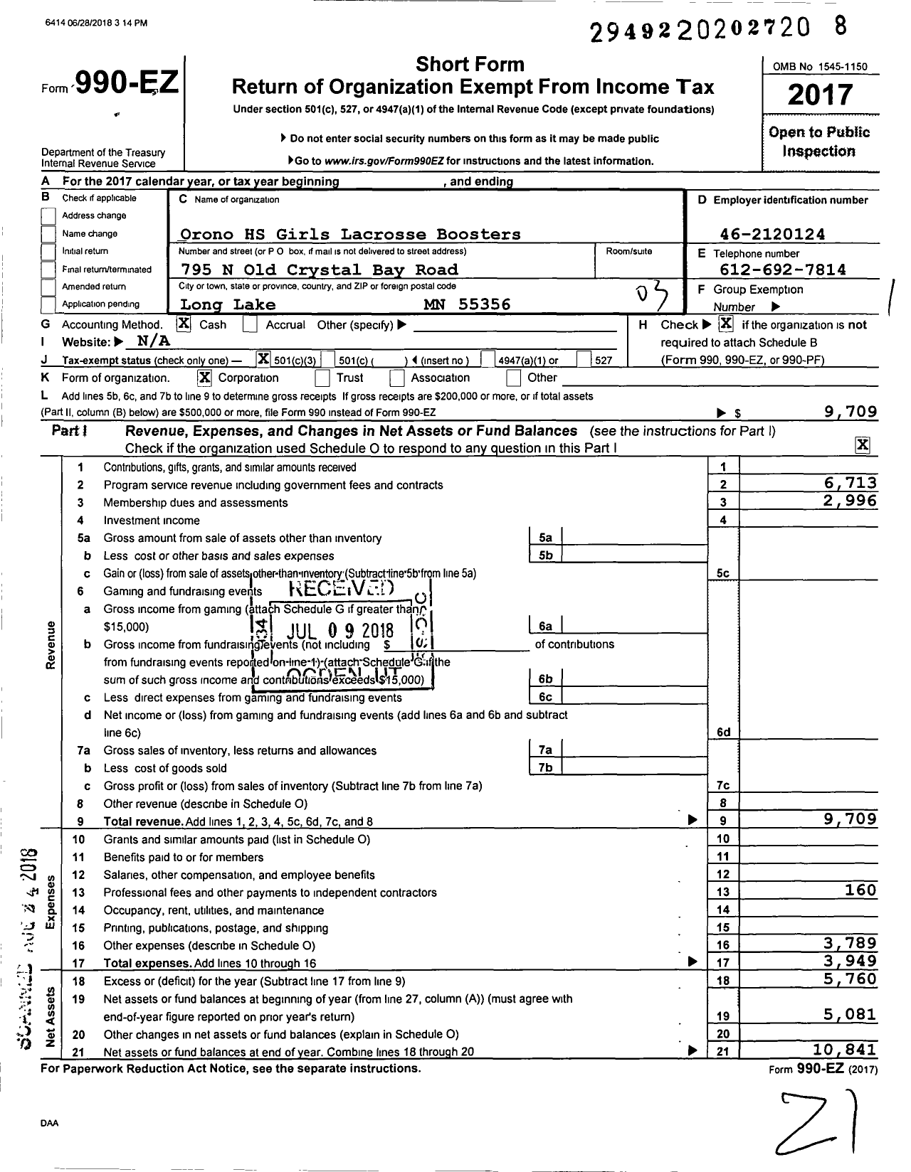 Image of first page of 2017 Form 990EZ for Orono HS Girls Lacrosse Boosters