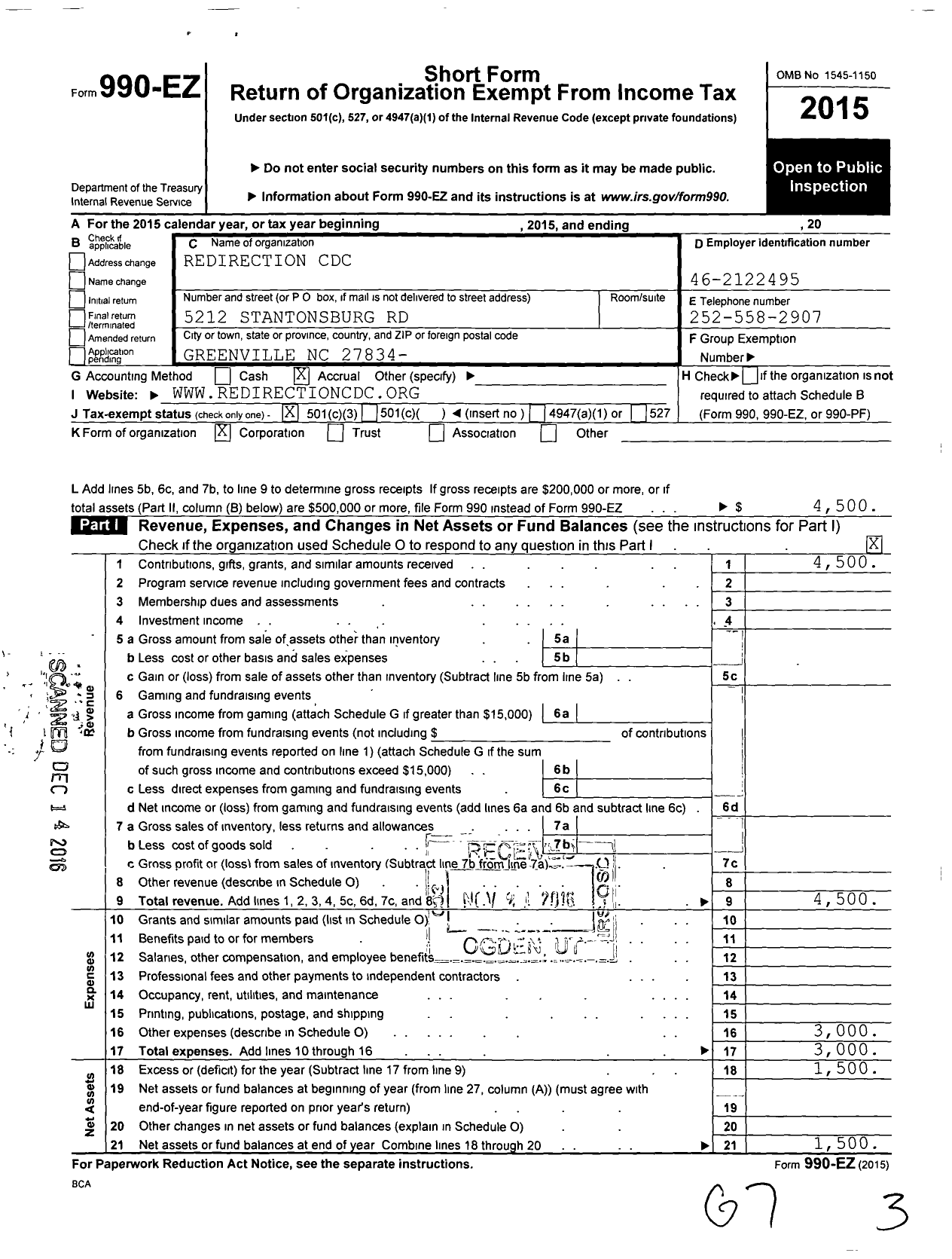 Image of first page of 2015 Form 990EZ for Redirection CDC