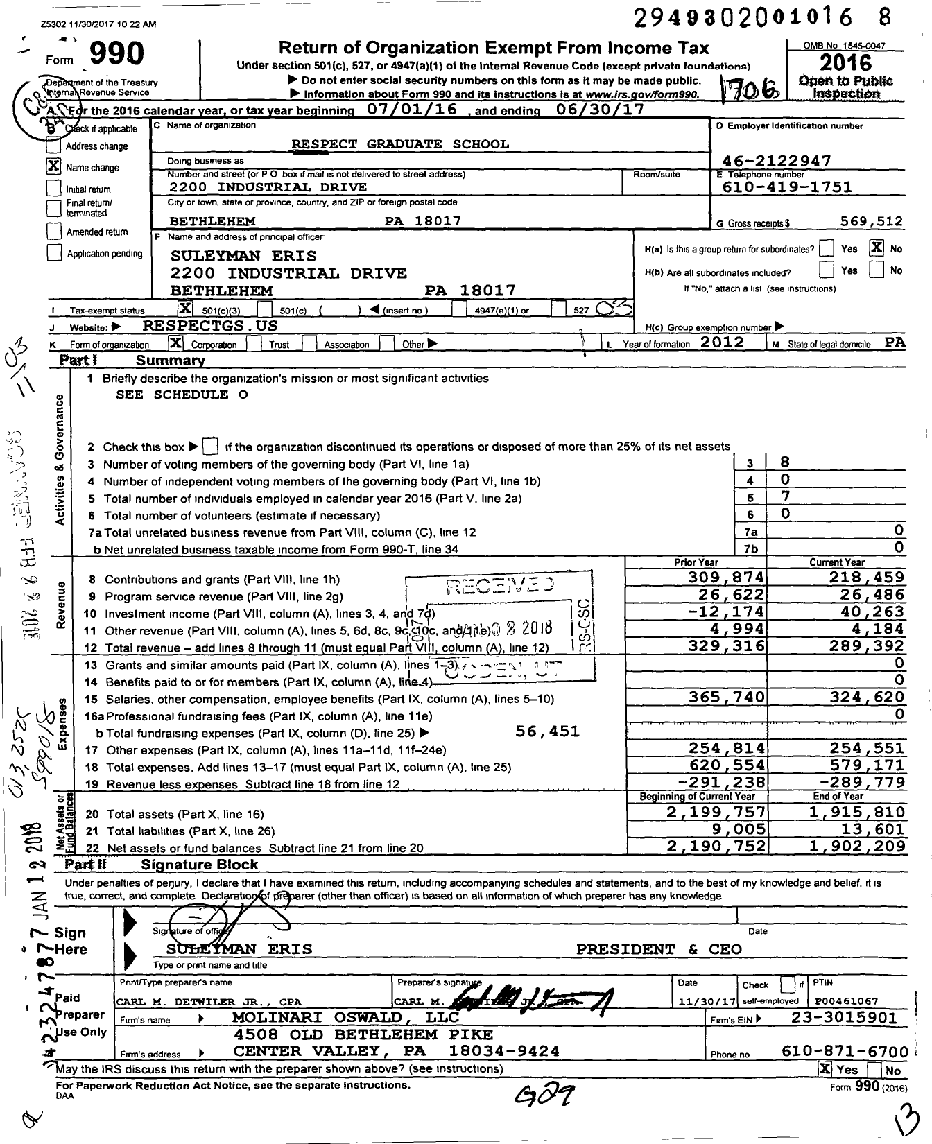 Image of first page of 2016 Form 990 for Respect Graduate School