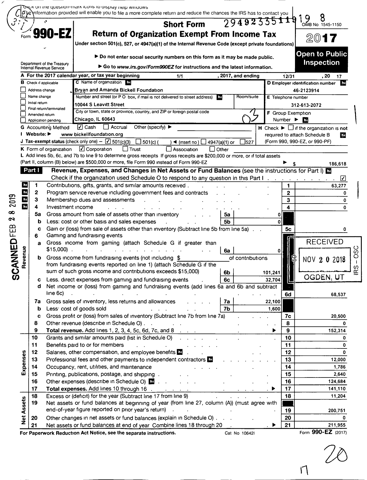 Image of first page of 2017 Form 990EZ for The Bryan and Amanda Bickell Foundation