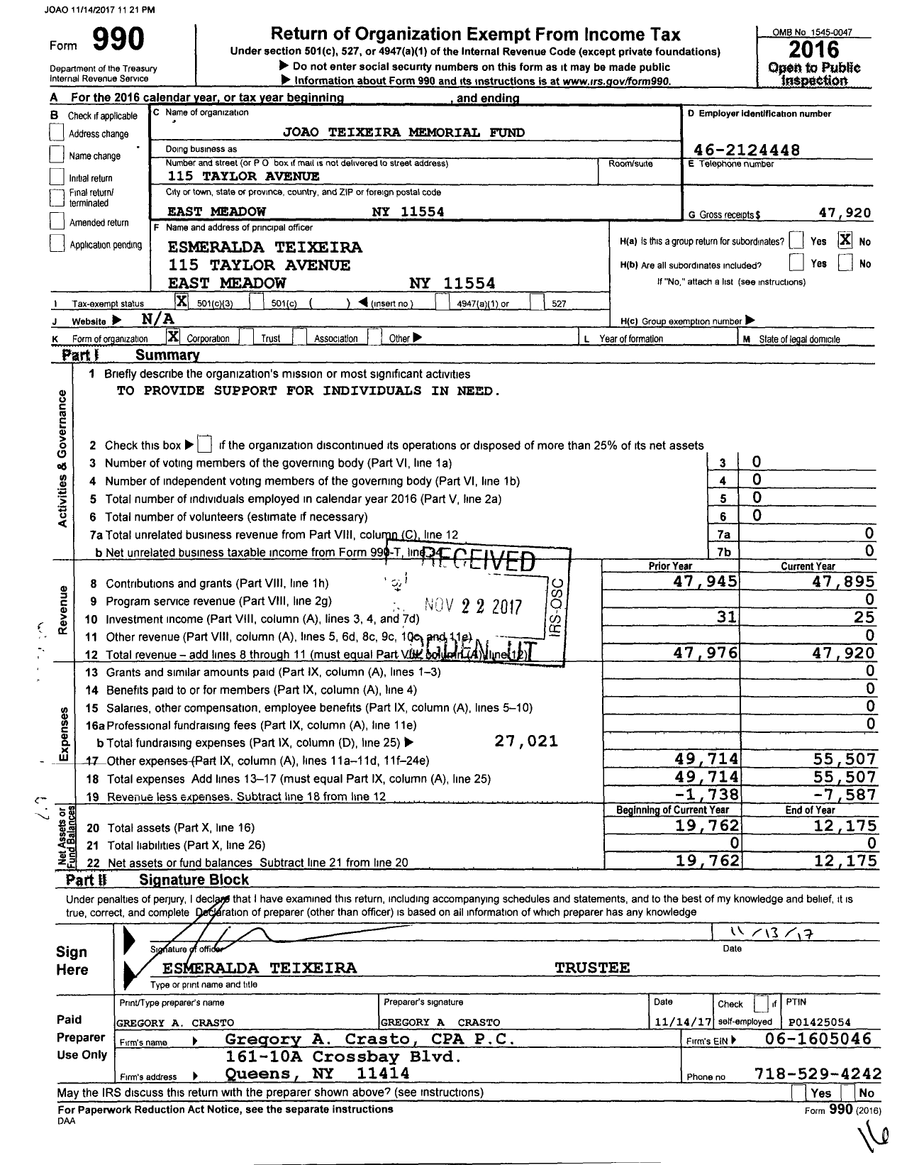 Image of first page of 2016 Form 990 for Joao Teixeira Memorial Fund