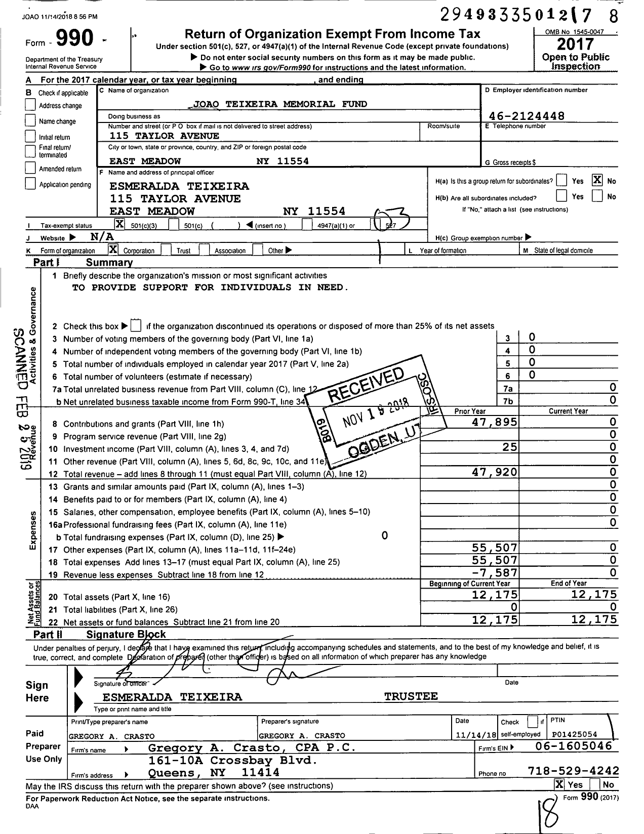 Image of first page of 2017 Form 990 for Joao Teixeira Memorial Fund