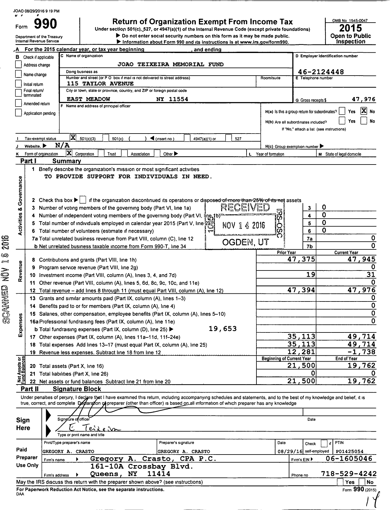 Image of first page of 2015 Form 990 for Joao Teixeira Memorial Fund