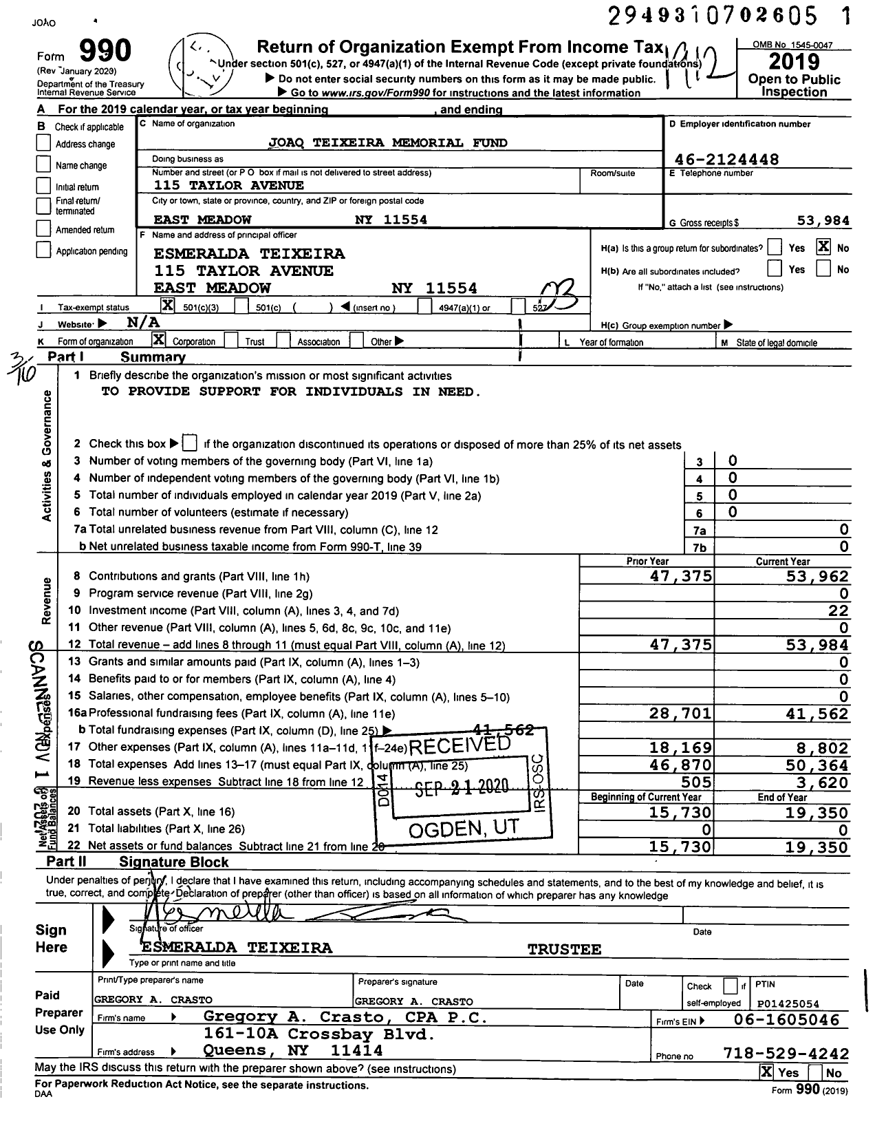 Image of first page of 2019 Form 990 for Joao Teixeira Memorial Fund