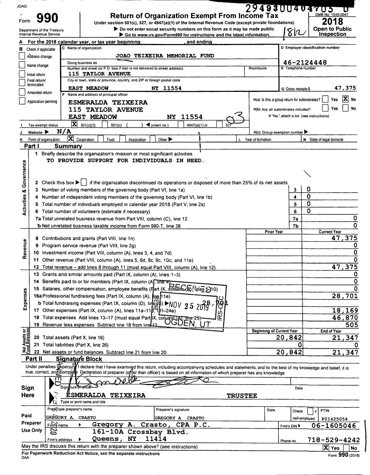 Image of first page of 2018 Form 990 for Joao Teixeira Memorial Fund