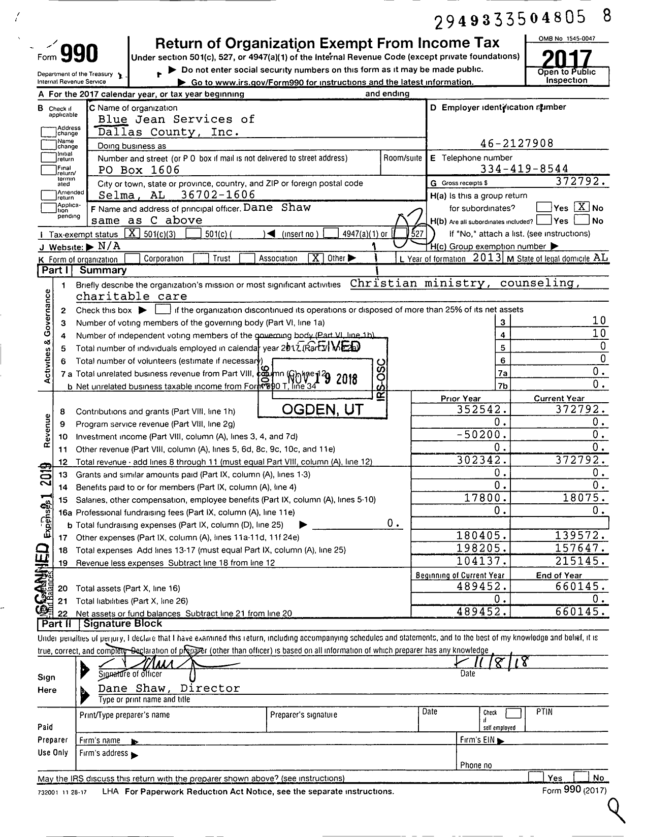 Image of first page of 2017 Form 990 for Blue Jean Services of Dallas County