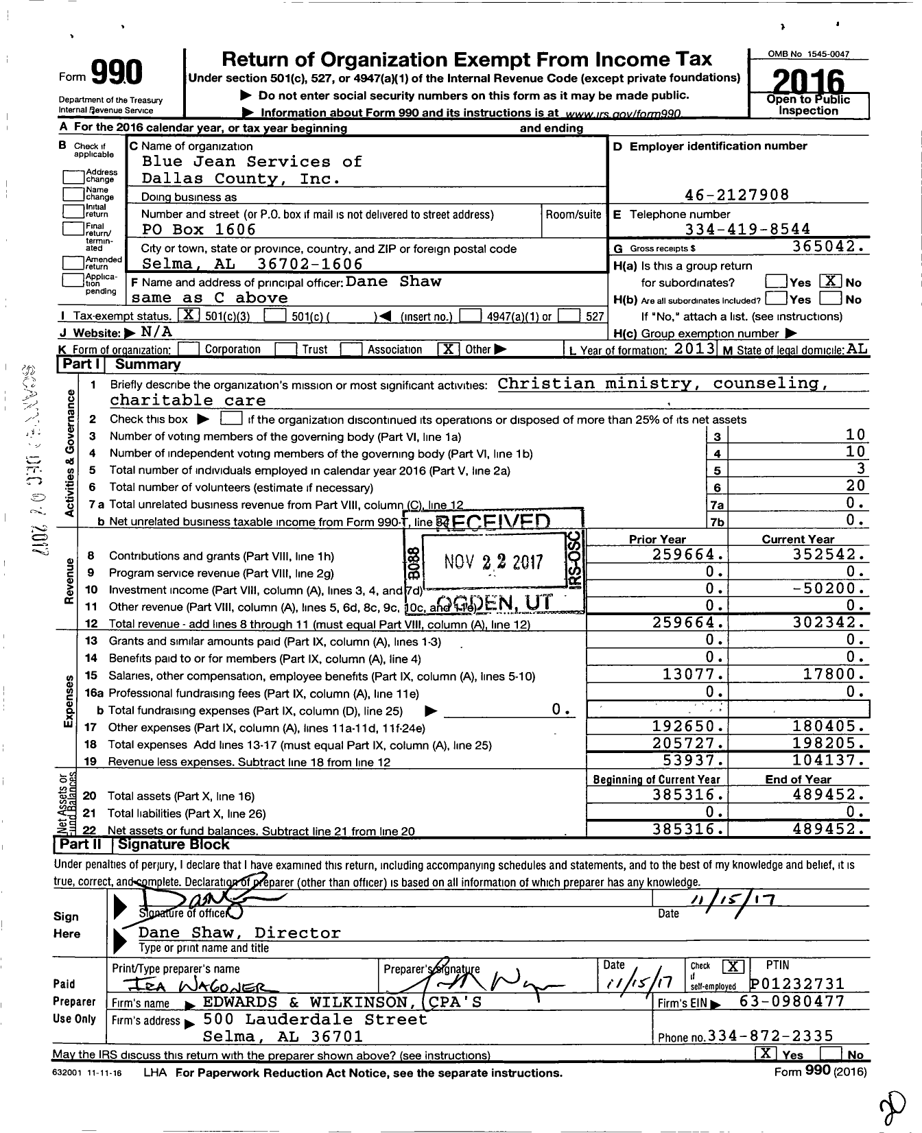 Image of first page of 2016 Form 990 for Blue Jean Services of Dallas County