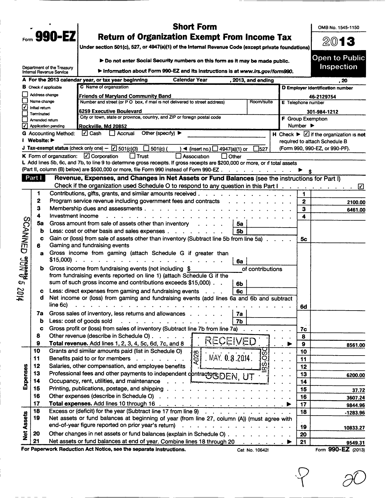 Image of first page of 2013 Form 990EZ for Friends of Maryland Community Band