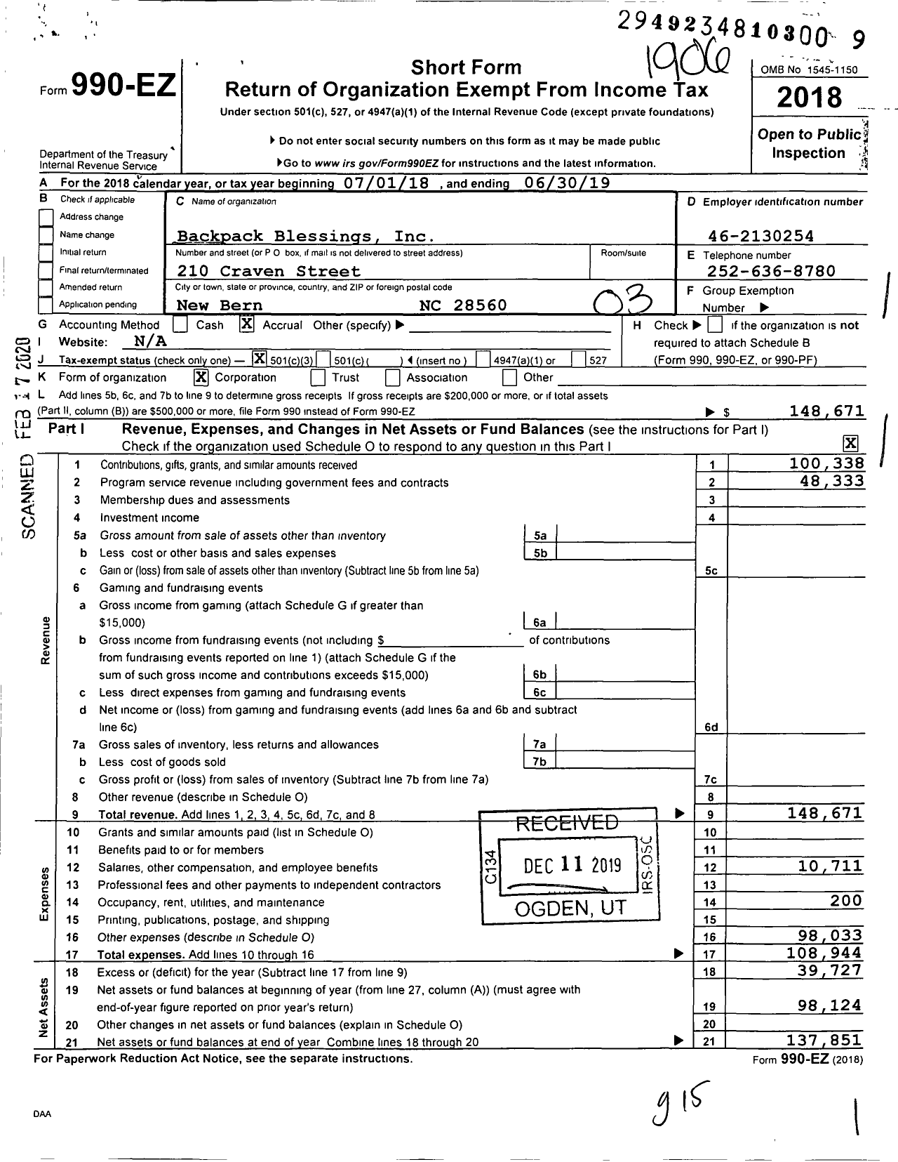 Image of first page of 2018 Form 990EZ for Backpack Blessings