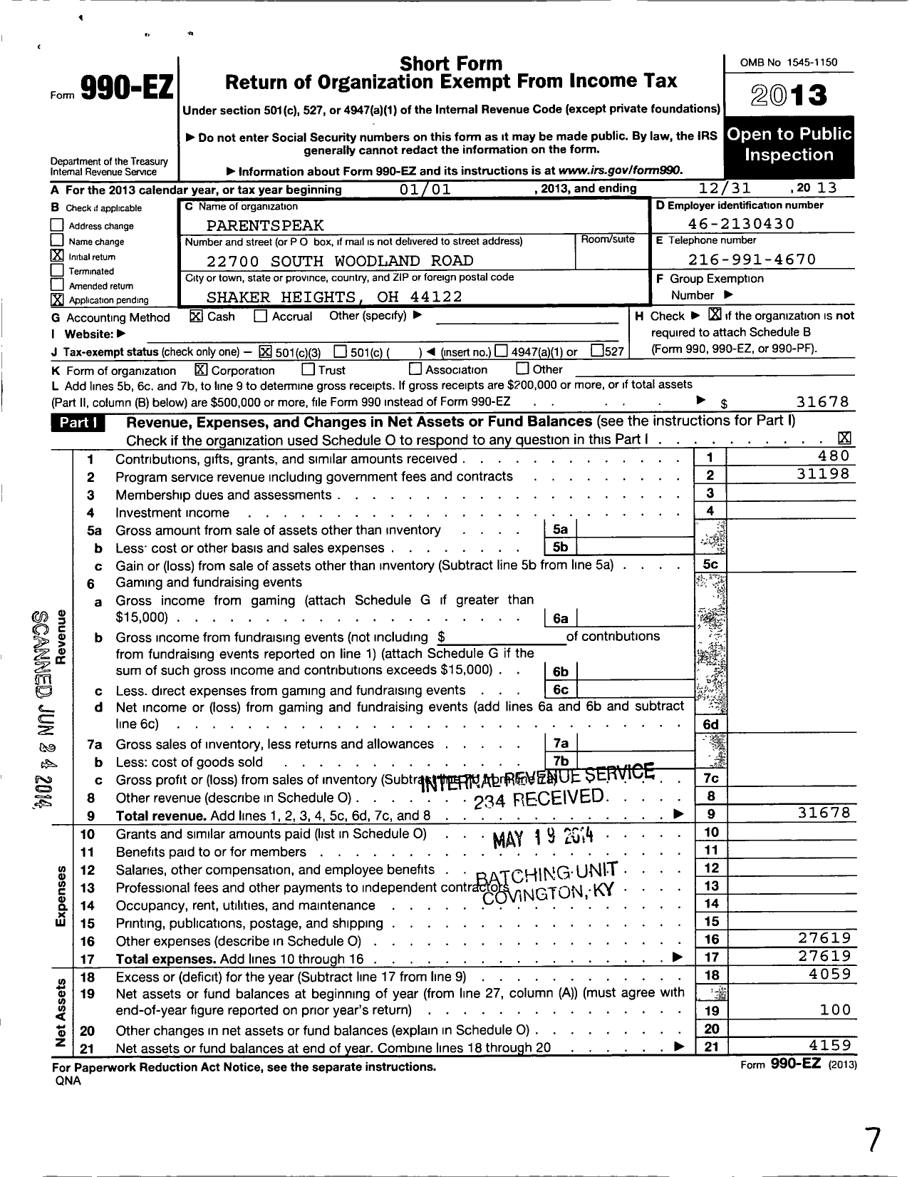 Image of first page of 2013 Form 990EZ for Parentspeak